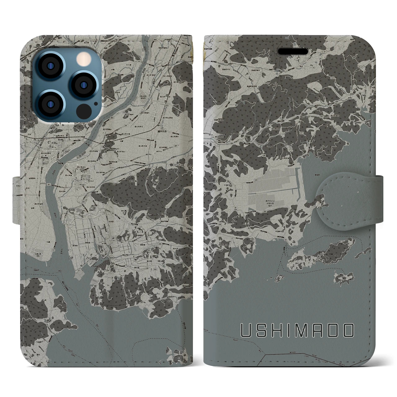 【牛窓(岡山県)】地図柄iPhoneケース(手帳タイプ)モノトーン・iPhone 12 / 12 Pro 用