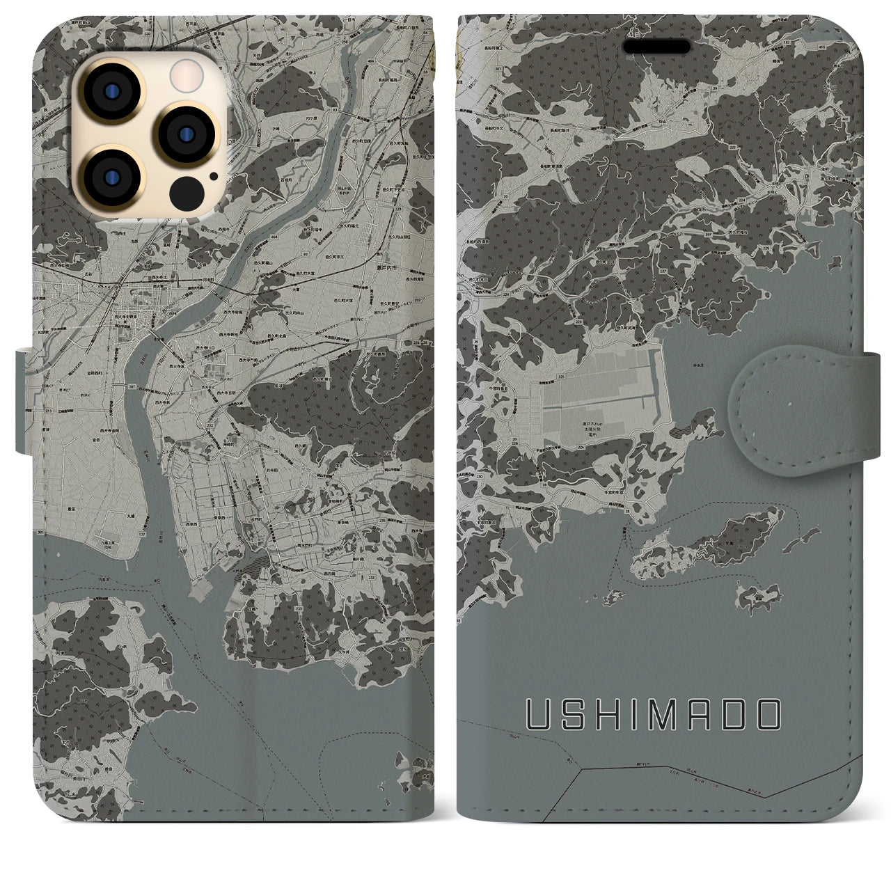 【牛窓(岡山県)】地図柄iPhoneケース(手帳タイプ)モノトーン・iPhone 12 Pro Max 用