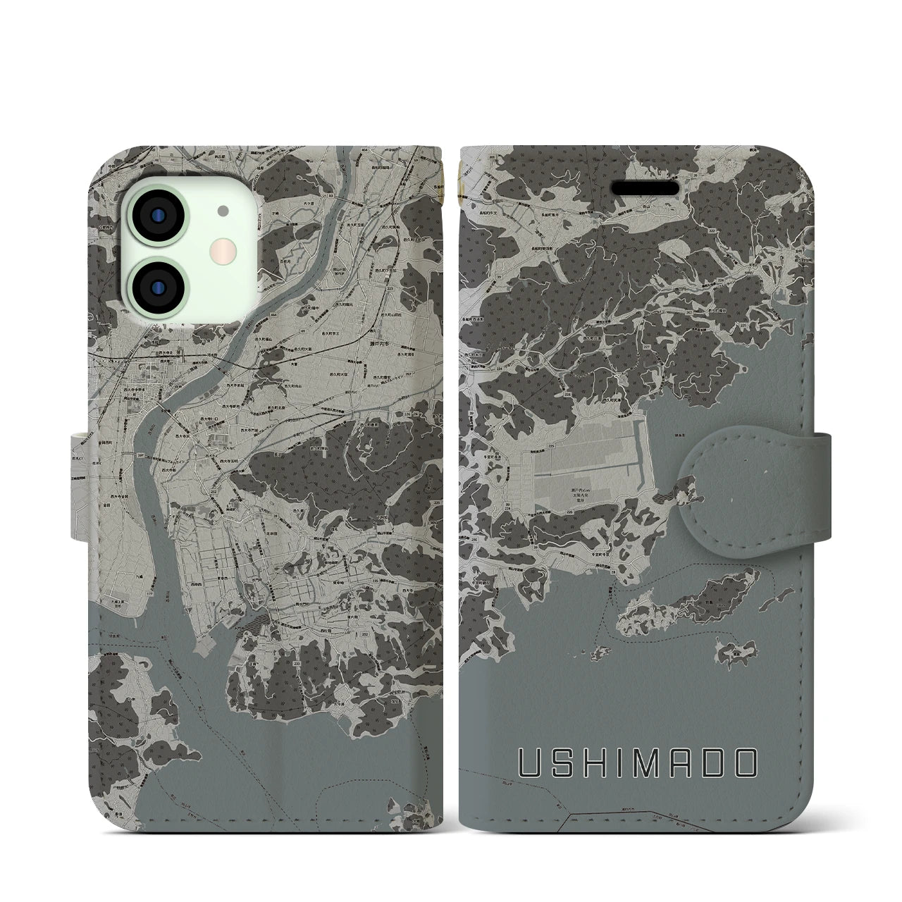 【牛窓(岡山県)】地図柄iPhoneケース(手帳タイプ)モノトーン・iPhone 12 mini 用