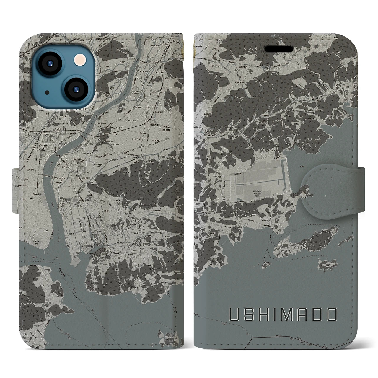 【牛窓(岡山県)】地図柄iPhoneケース(手帳タイプ)モノトーン・iPhone 13 用