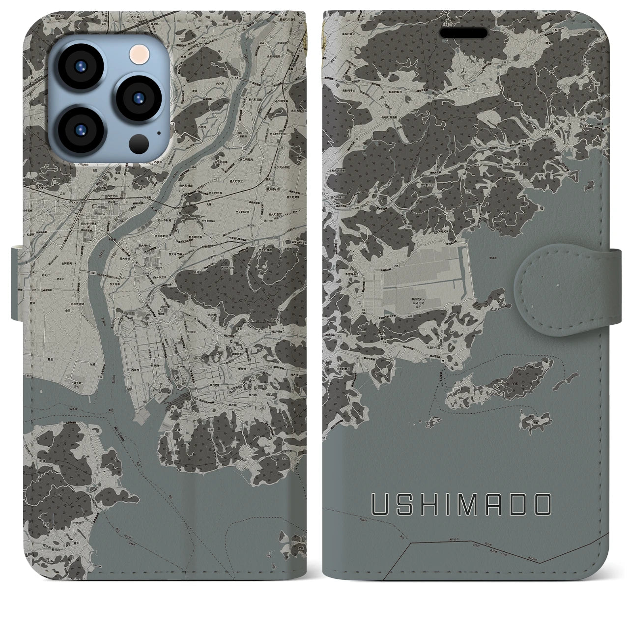 【牛窓(岡山県)】地図柄iPhoneケース(手帳タイプ)モノトーン・iPhone 13 Pro Max 用