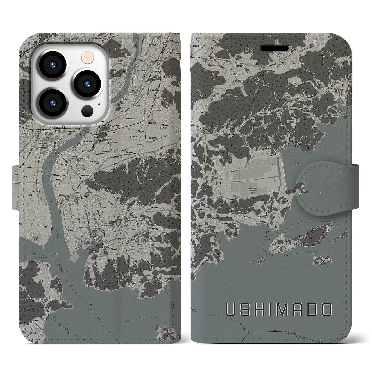 【牛窓(岡山県)】地図柄iPhoneケース(手帳タイプ)モノトーン・iPhone 13 Pro 用