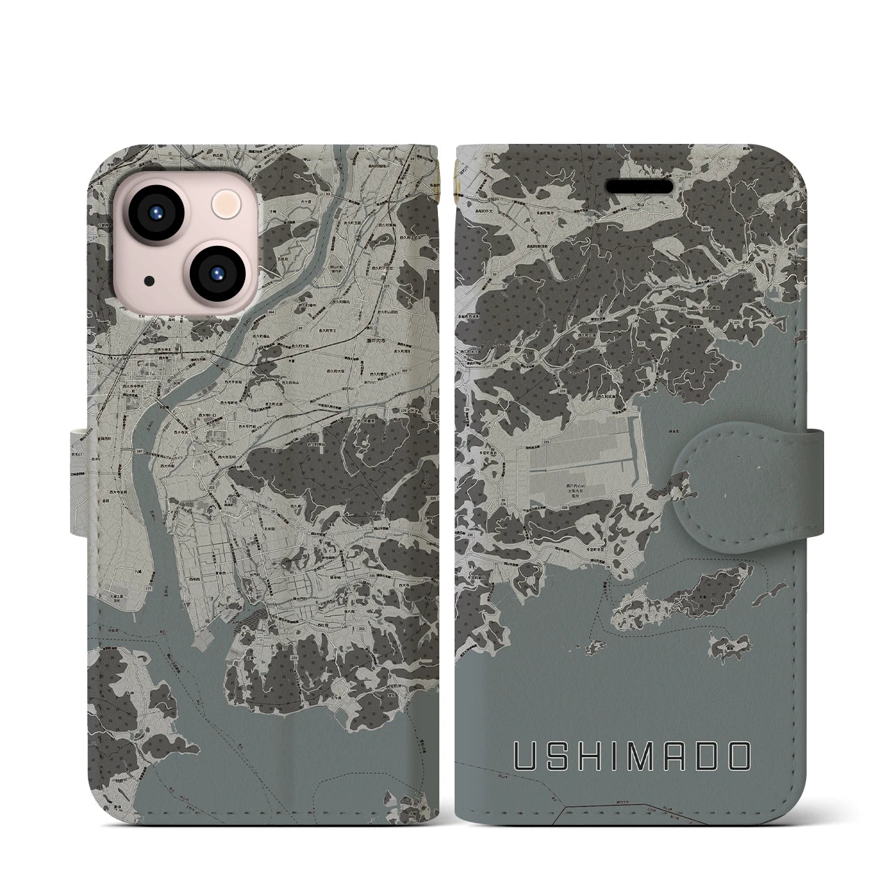 【牛窓(岡山県)】地図柄iPhoneケース(手帳タイプ)モノトーン・iPhone 13 mini 用