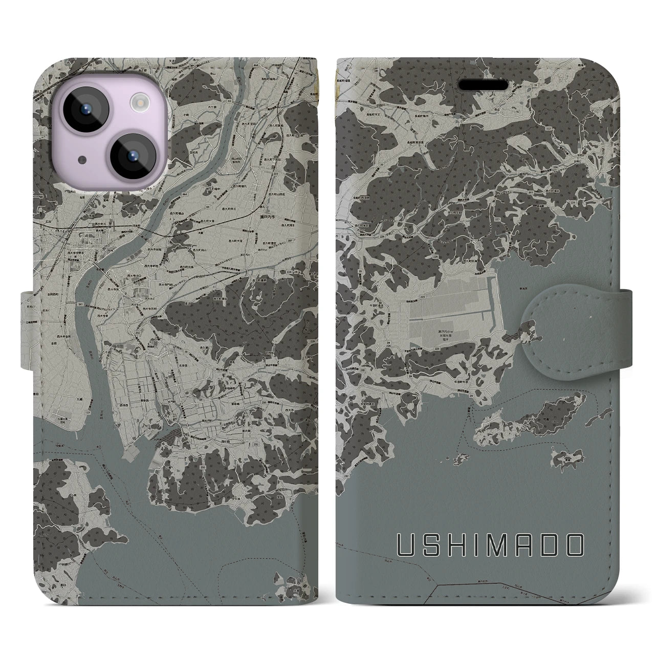【牛窓(岡山県)】地図柄iPhoneケース(手帳タイプ)モノトーン・iPhone 14 用