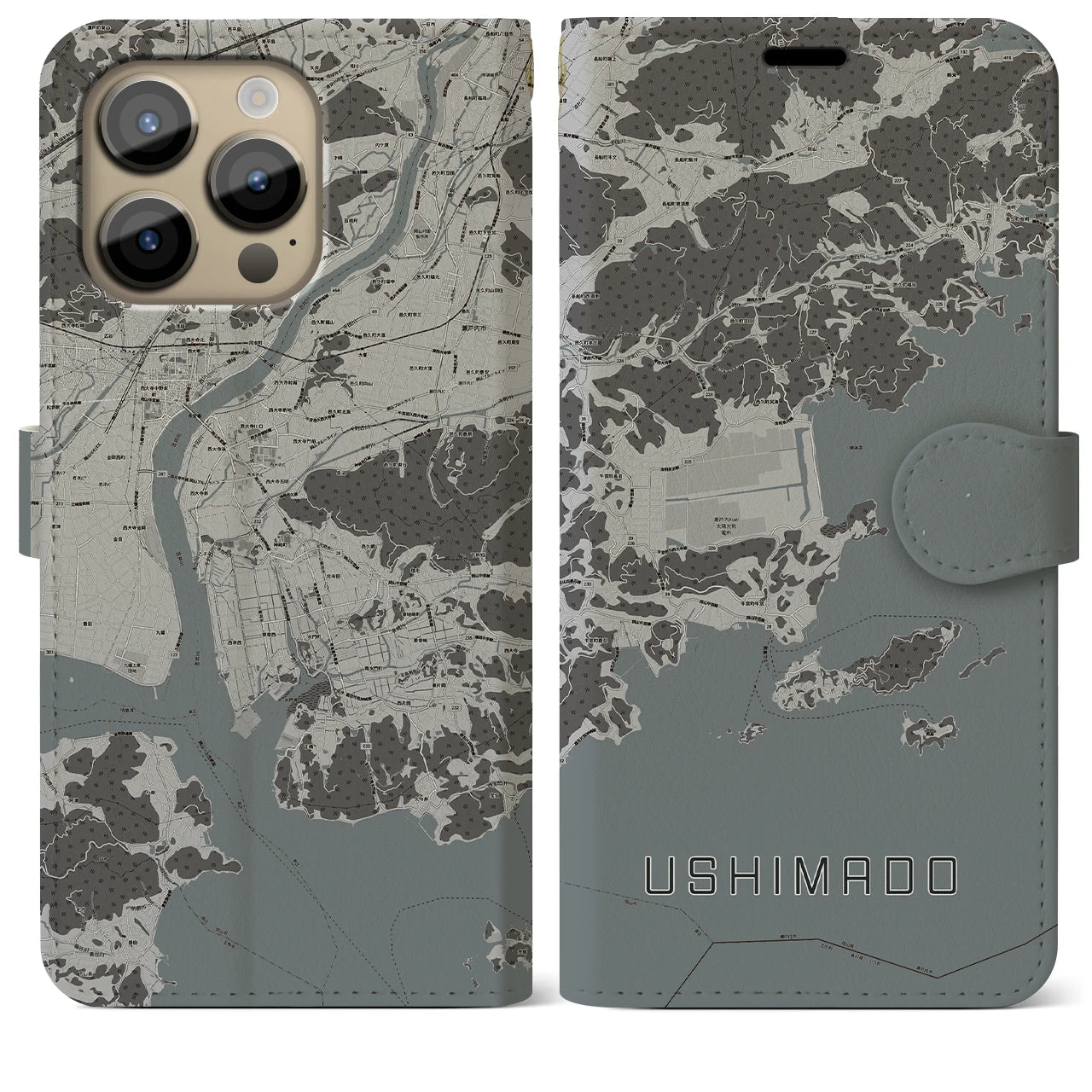 【牛窓(岡山県)】地図柄iPhoneケース(手帳タイプ)モノトーン・iPhone 14 Pro Max 用