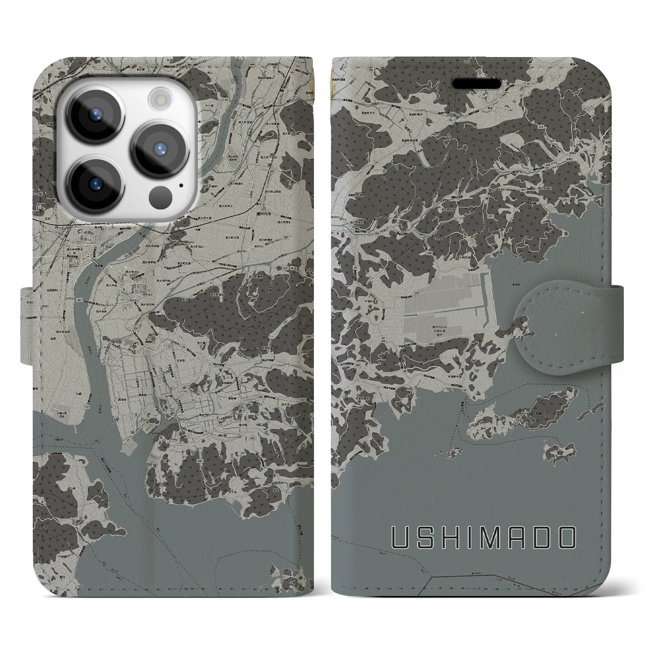 【牛窓(岡山県)】地図柄iPhoneケース(手帳タイプ)モノトーン・iPhone 14 Pro 用