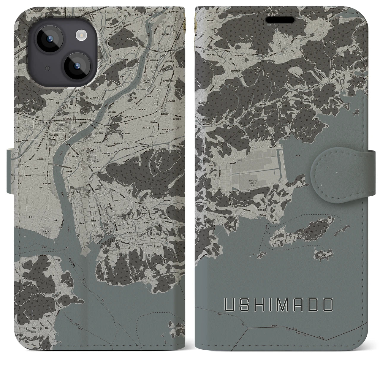 【牛窓(岡山県)】地図柄iPhoneケース(手帳タイプ)モノトーン・iPhone 14 Plus 用