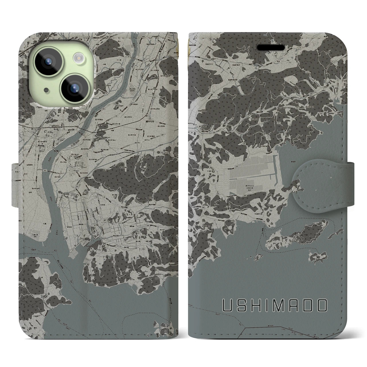 【牛窓(岡山県)】地図柄iPhoneケース(手帳タイプ)モノトーン・iPhone 15 用