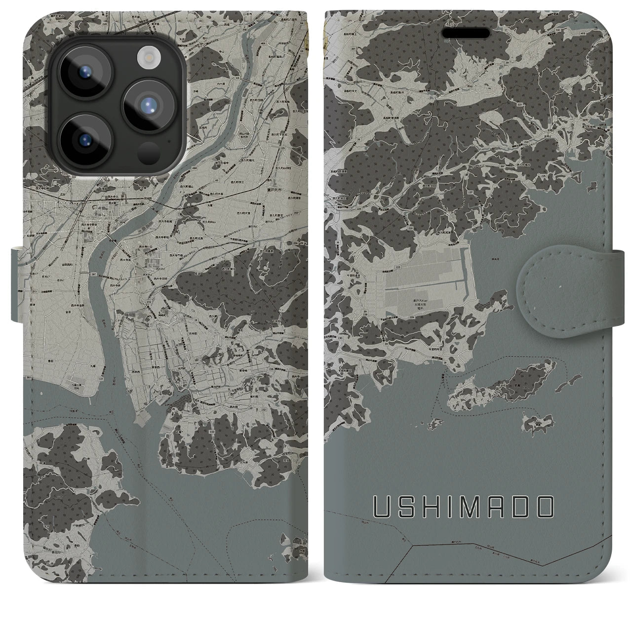 【牛窓(岡山県)】地図柄iPhoneケース(手帳タイプ)モノトーン・iPhone 15 Pro Max 用