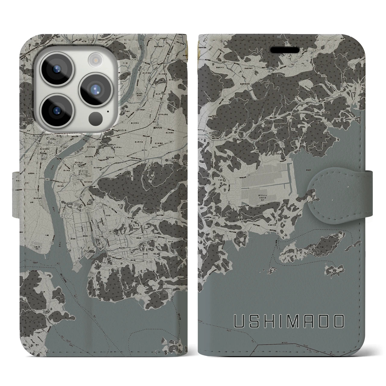【牛窓(岡山県)】地図柄iPhoneケース(手帳タイプ)モノトーン・iPhone 15 Pro 用