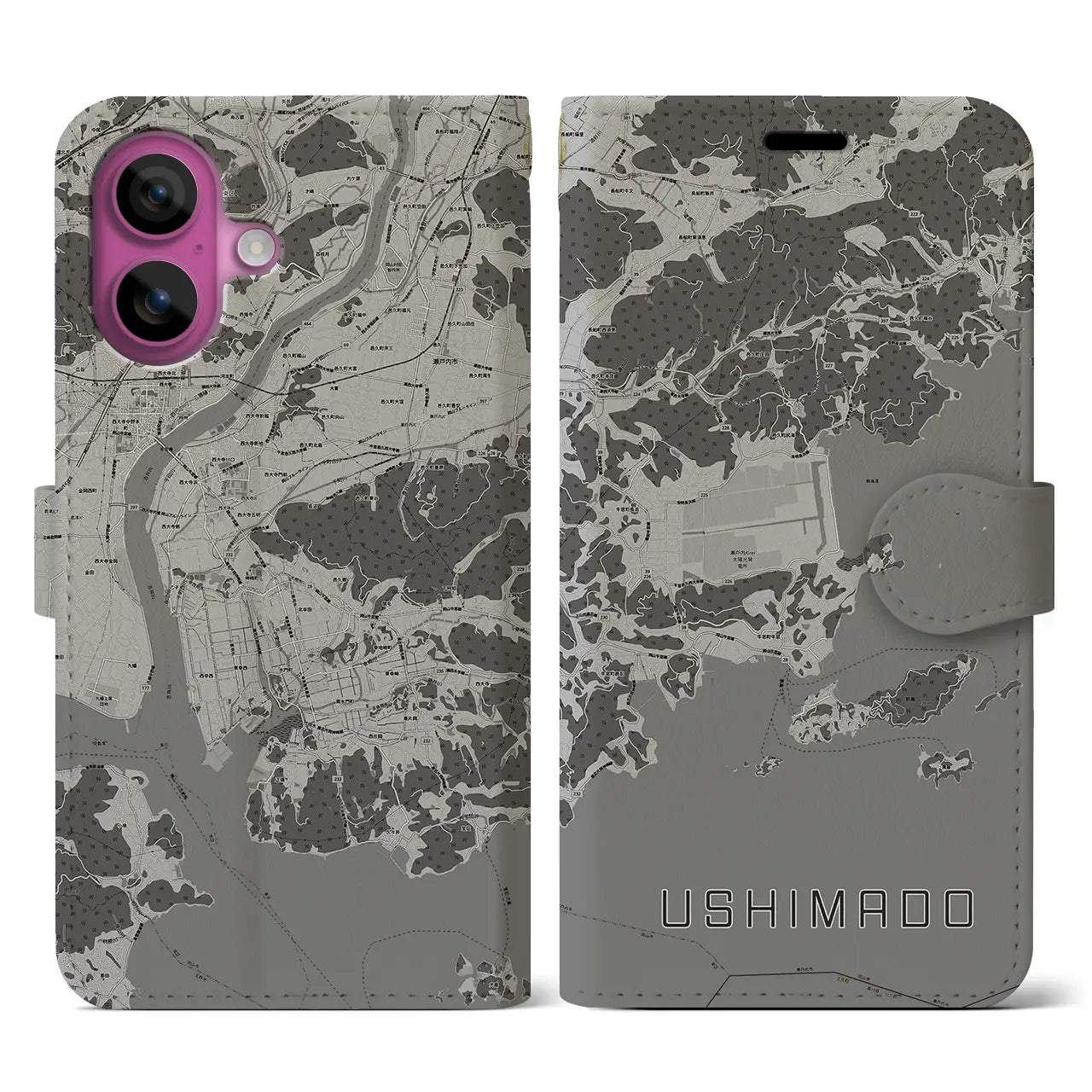 【牛窓(岡山県)】地図柄iPhoneケース(手帳タイプ)モノトーン・iPhone 16 Pro 用