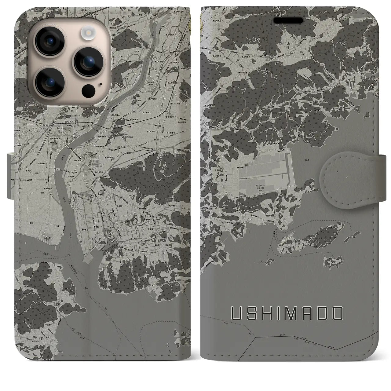 【牛窓(岡山県)】地図柄iPhoneケース(手帳タイプ)モノトーン・iPhone 16 Plus 用