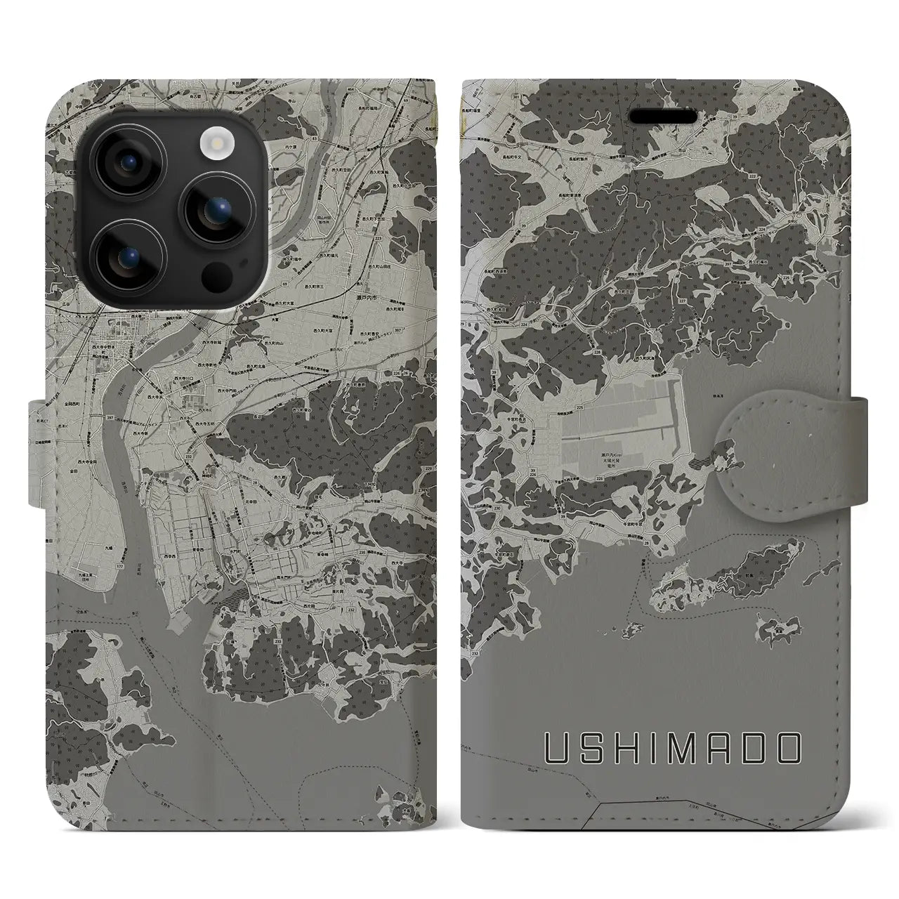 【牛窓(岡山県)】地図柄iPhoneケース(手帳タイプ)モノトーン・iPhone 16 用