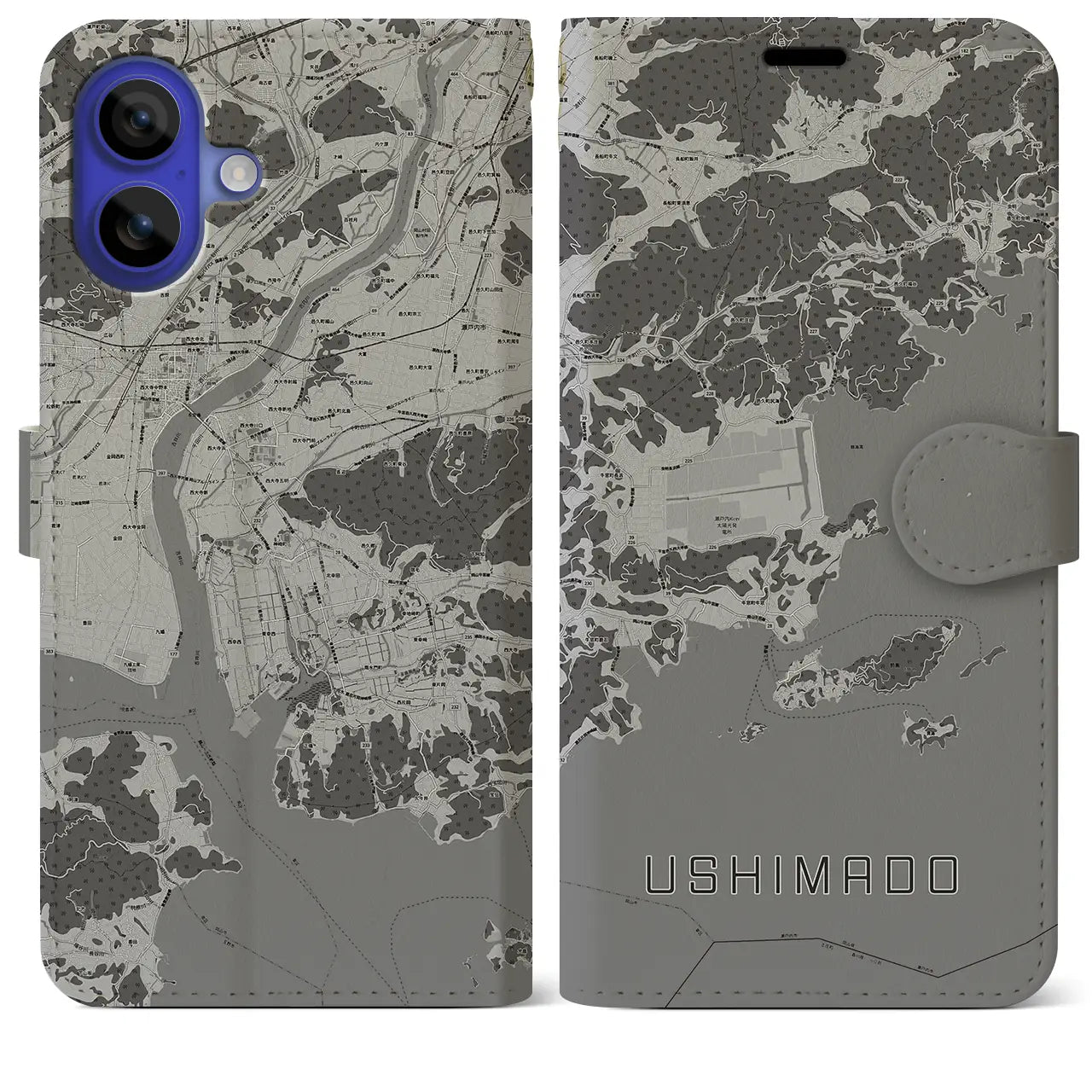 【牛窓(岡山県)】地図柄iPhoneケース(手帳タイプ)モノトーン・iPhone 16 Pro Max 用