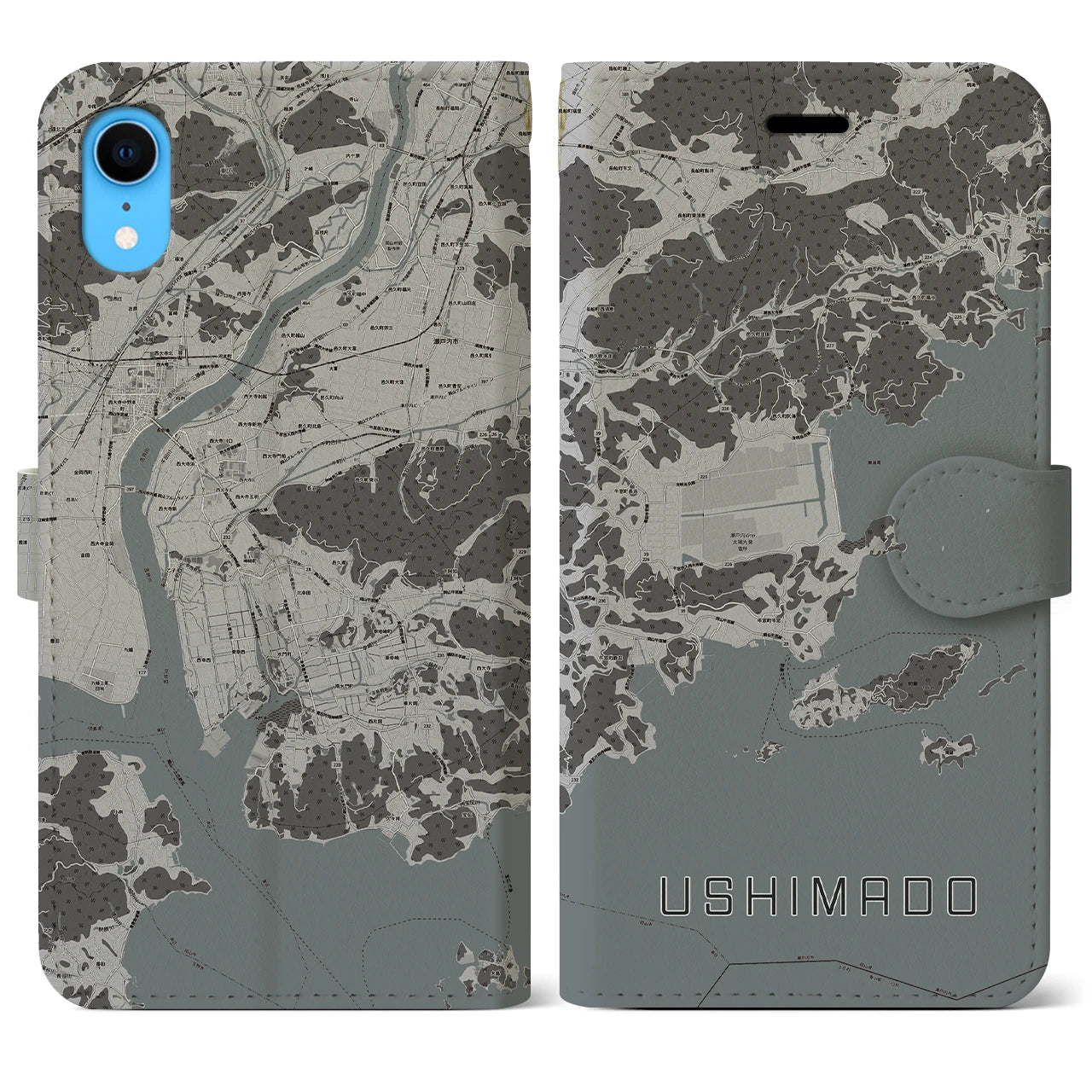 【牛窓(岡山県)】地図柄iPhoneケース(手帳タイプ)モノトーン・iPhone XR 用
