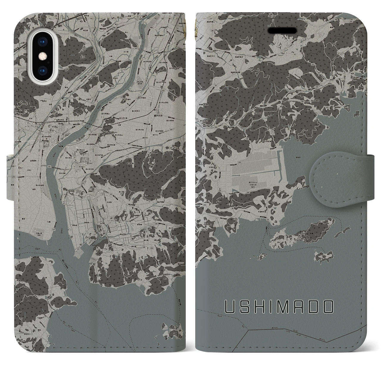 【牛窓(岡山県)】地図柄iPhoneケース(手帳タイプ)モノトーン・iPhone XS Max 用