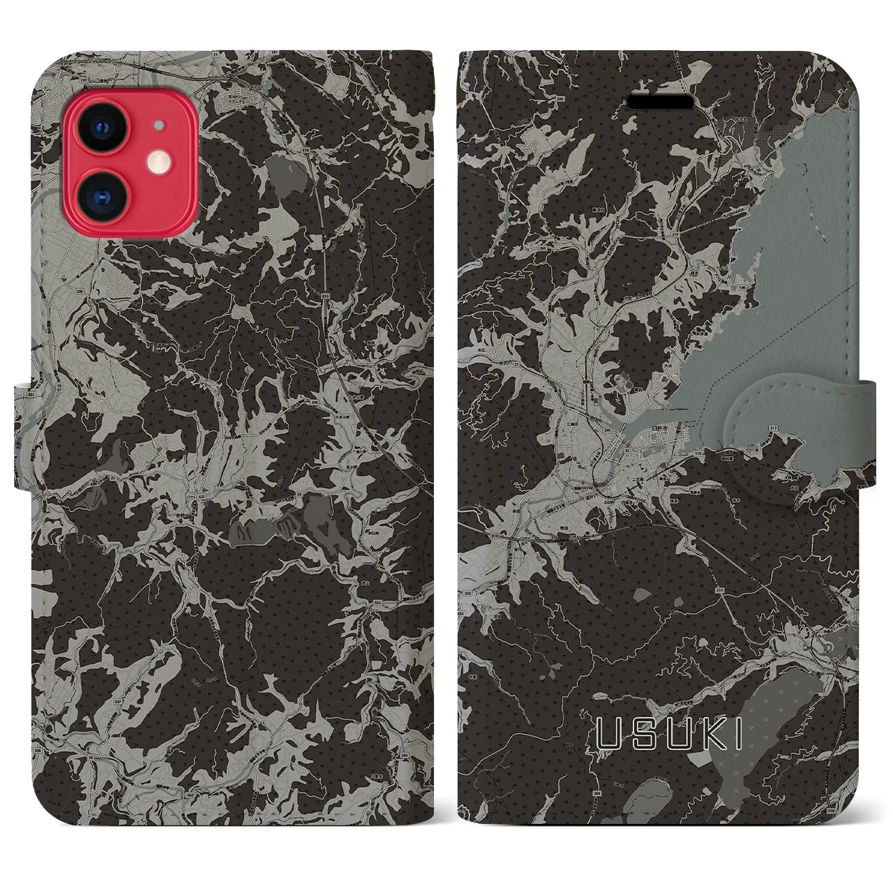 【臼杵(大分県)】地図柄iPhoneケース(手帳タイプ)モノトーン・iPhone 11 用