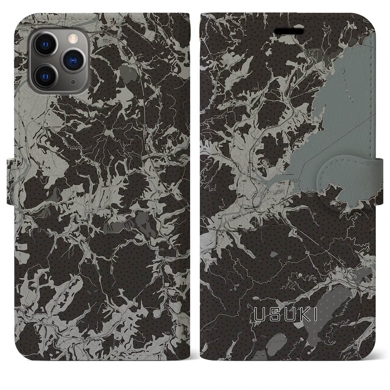 【臼杵(大分県)】地図柄iPhoneケース(手帳タイプ)モノトーン・iPhone 11 Pro Max 用