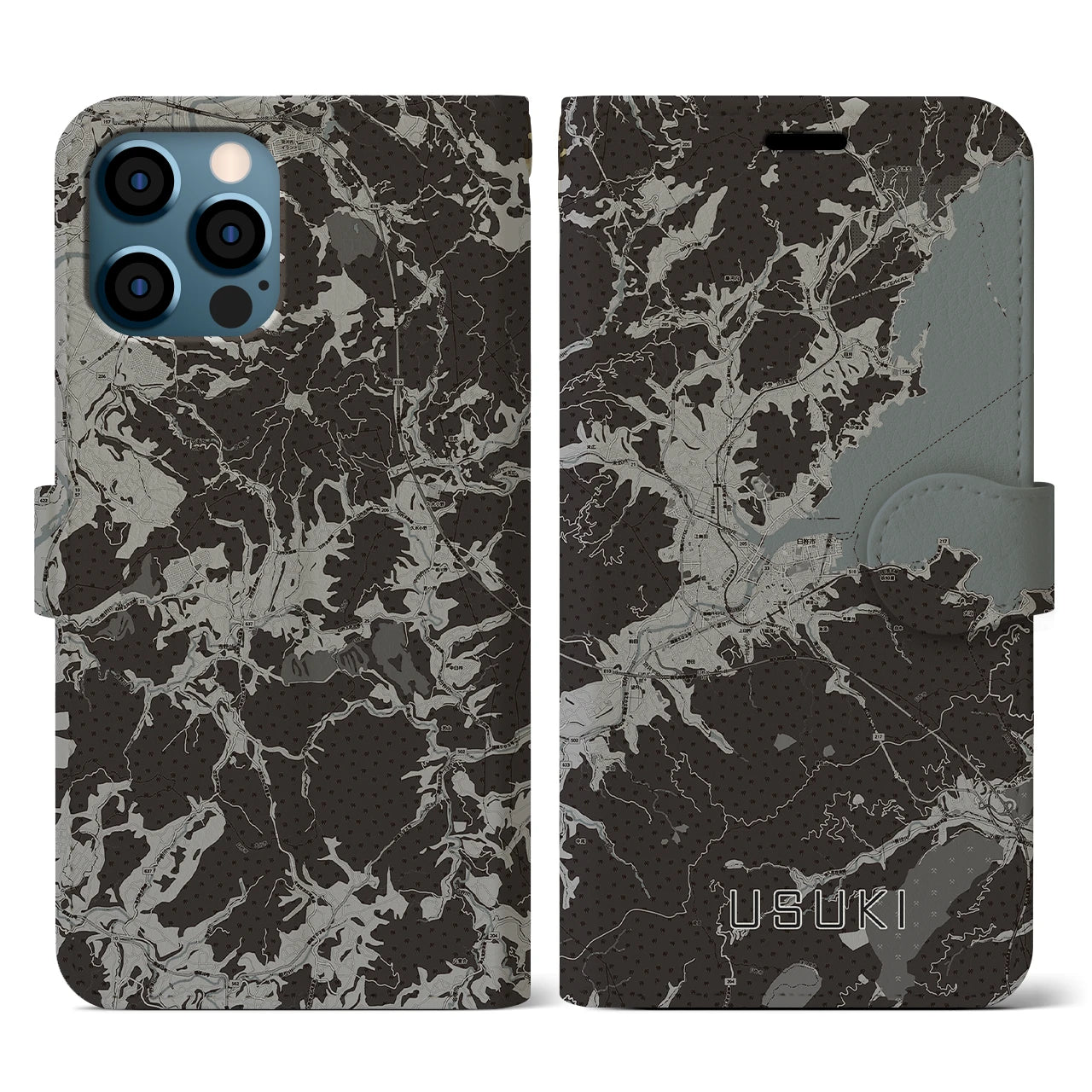 【臼杵(大分県)】地図柄iPhoneケース(手帳タイプ)モノトーン・iPhone 12 / 12 Pro 用
