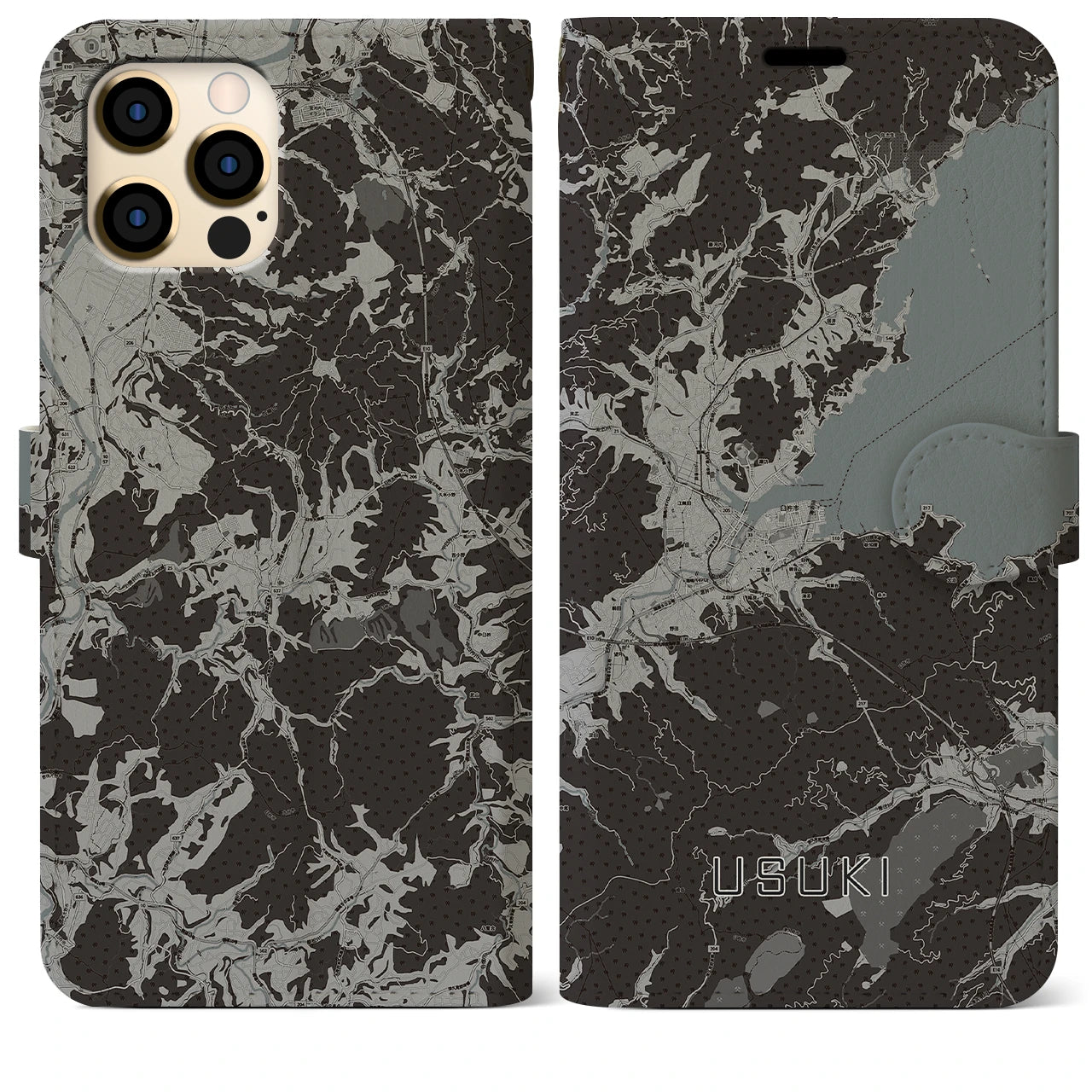 【臼杵(大分県)】地図柄iPhoneケース(手帳タイプ)モノトーン・iPhone 12 Pro Max 用