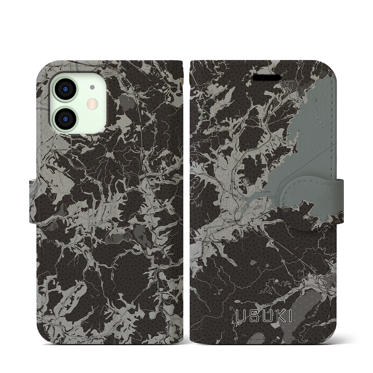 【臼杵(大分県)】地図柄iPhoneケース(手帳タイプ)モノトーン・iPhone 12 mini 用
