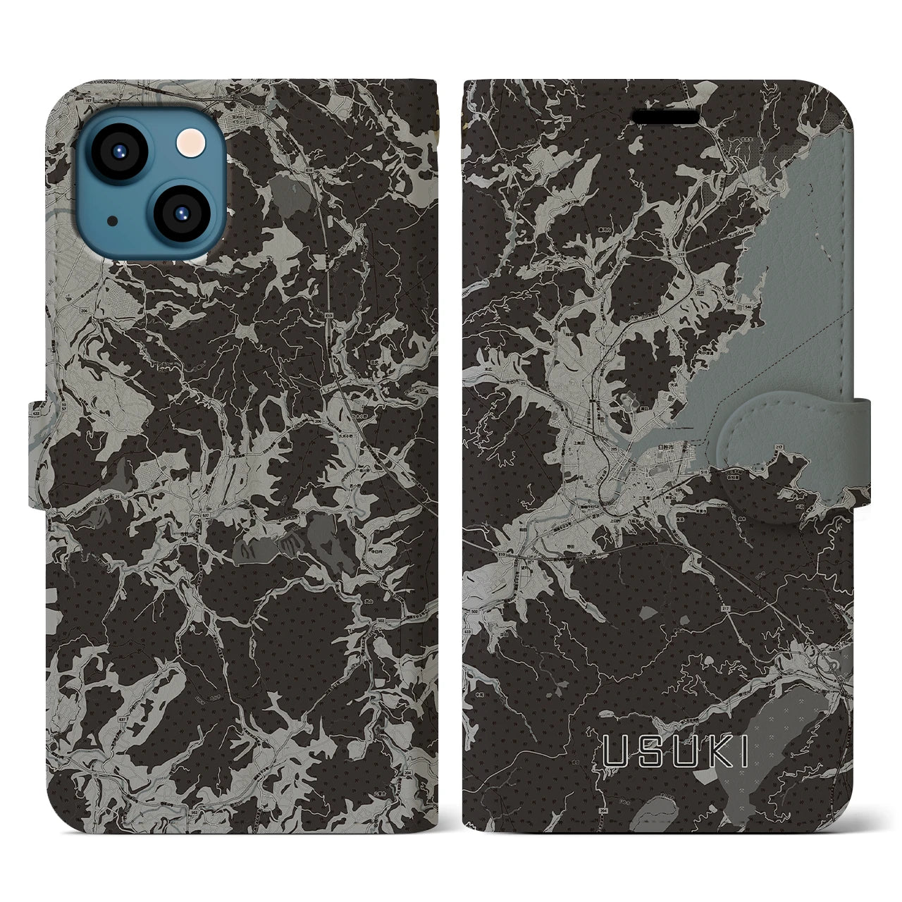 【臼杵(大分県)】地図柄iPhoneケース(手帳タイプ)モノトーン・iPhone 13 用