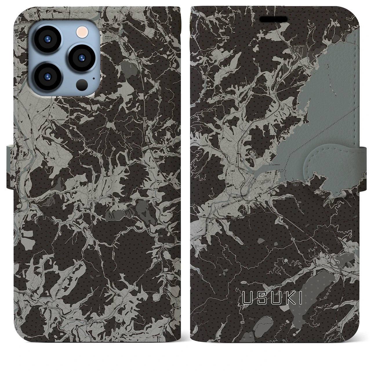 【臼杵(大分県)】地図柄iPhoneケース(手帳タイプ)モノトーン・iPhone 13 Pro Max 用