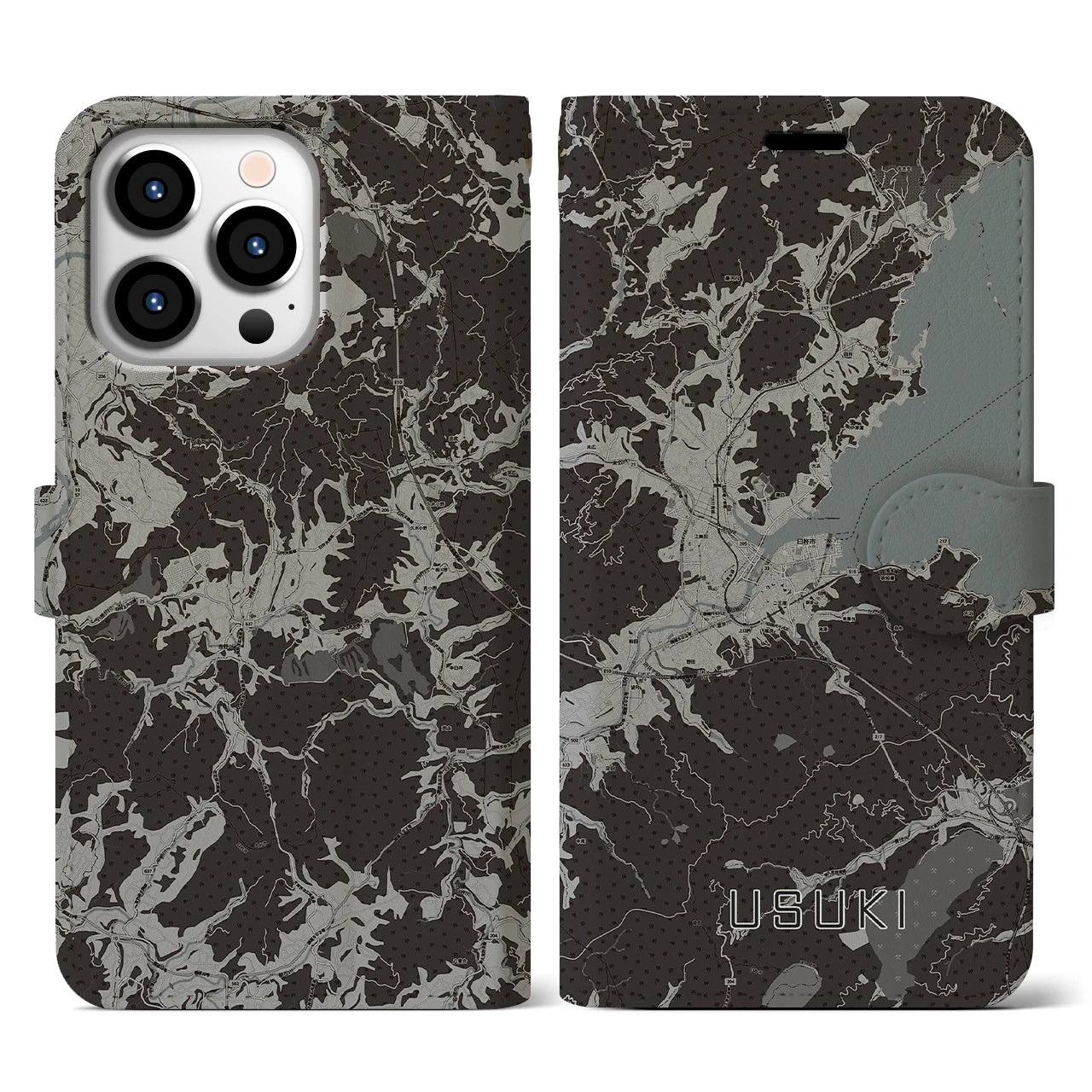 【臼杵(大分県)】地図柄iPhoneケース(手帳タイプ)モノトーン・iPhone 13 Pro 用