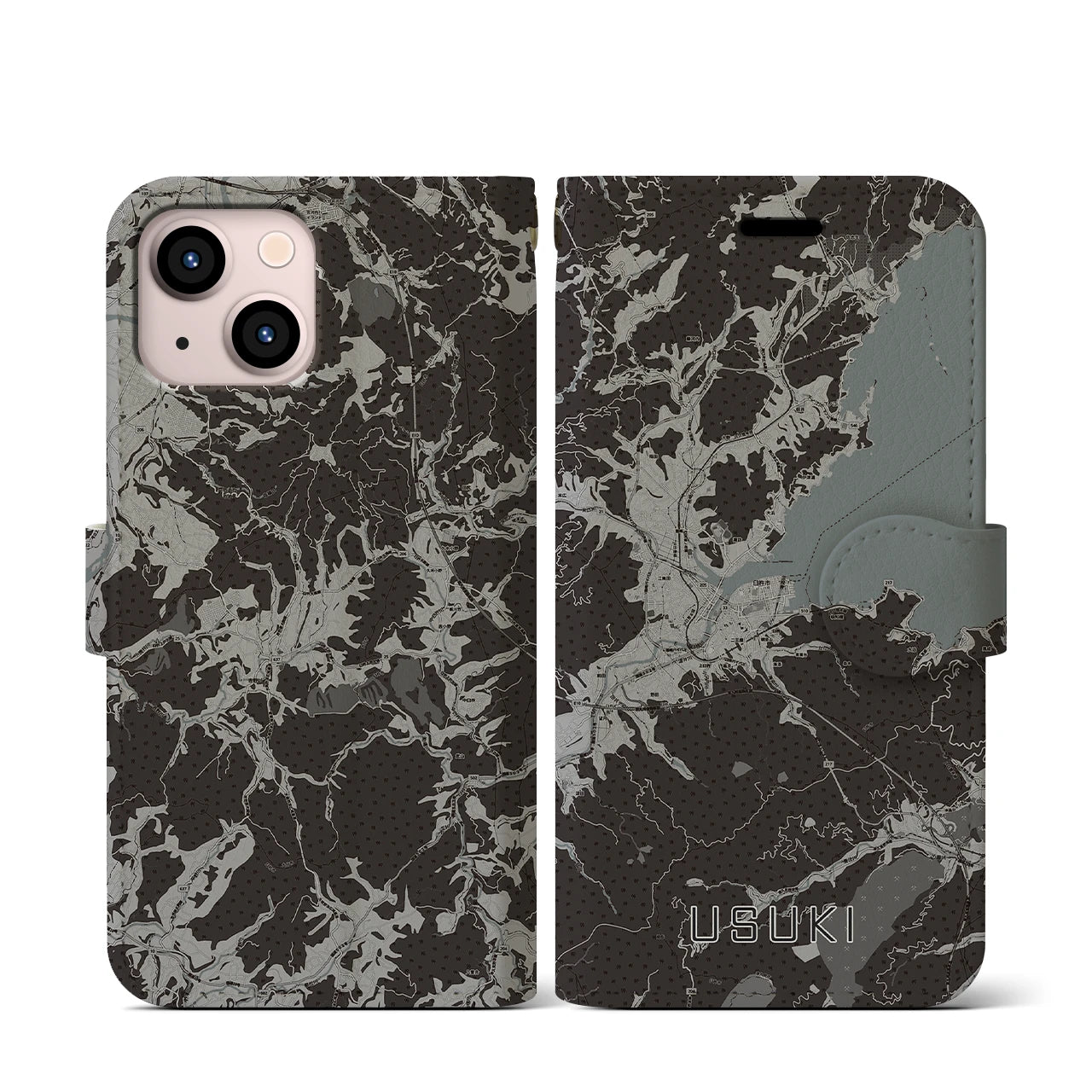 【臼杵(大分県)】地図柄iPhoneケース(手帳タイプ)モノトーン・iPhone 13 mini 用
