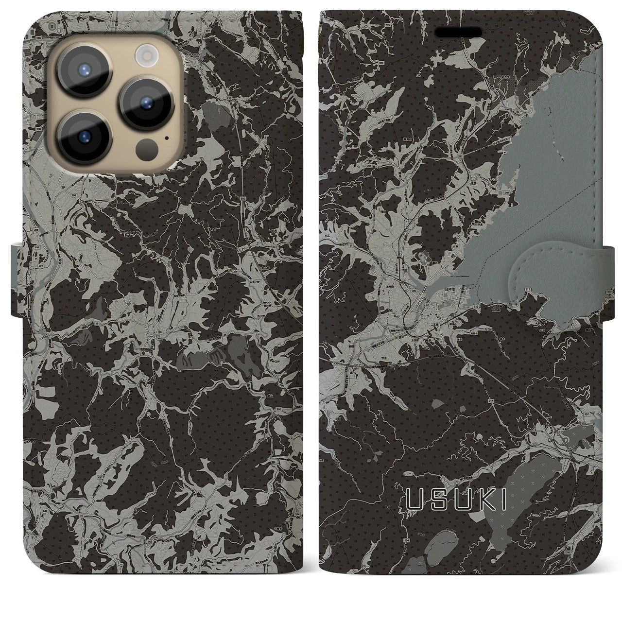 【臼杵(大分県)】地図柄iPhoneケース(手帳タイプ)モノトーン・iPhone 14 Pro Max 用