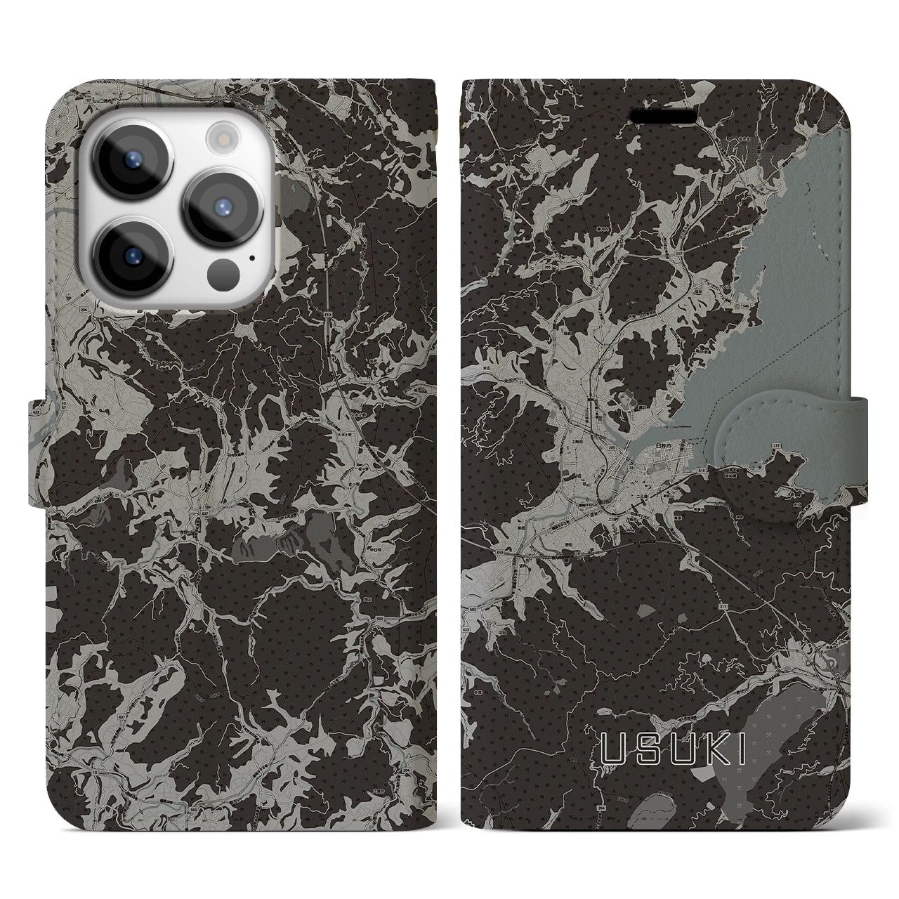 【臼杵(大分県)】地図柄iPhoneケース(手帳タイプ)モノトーン・iPhone 14 Pro 用