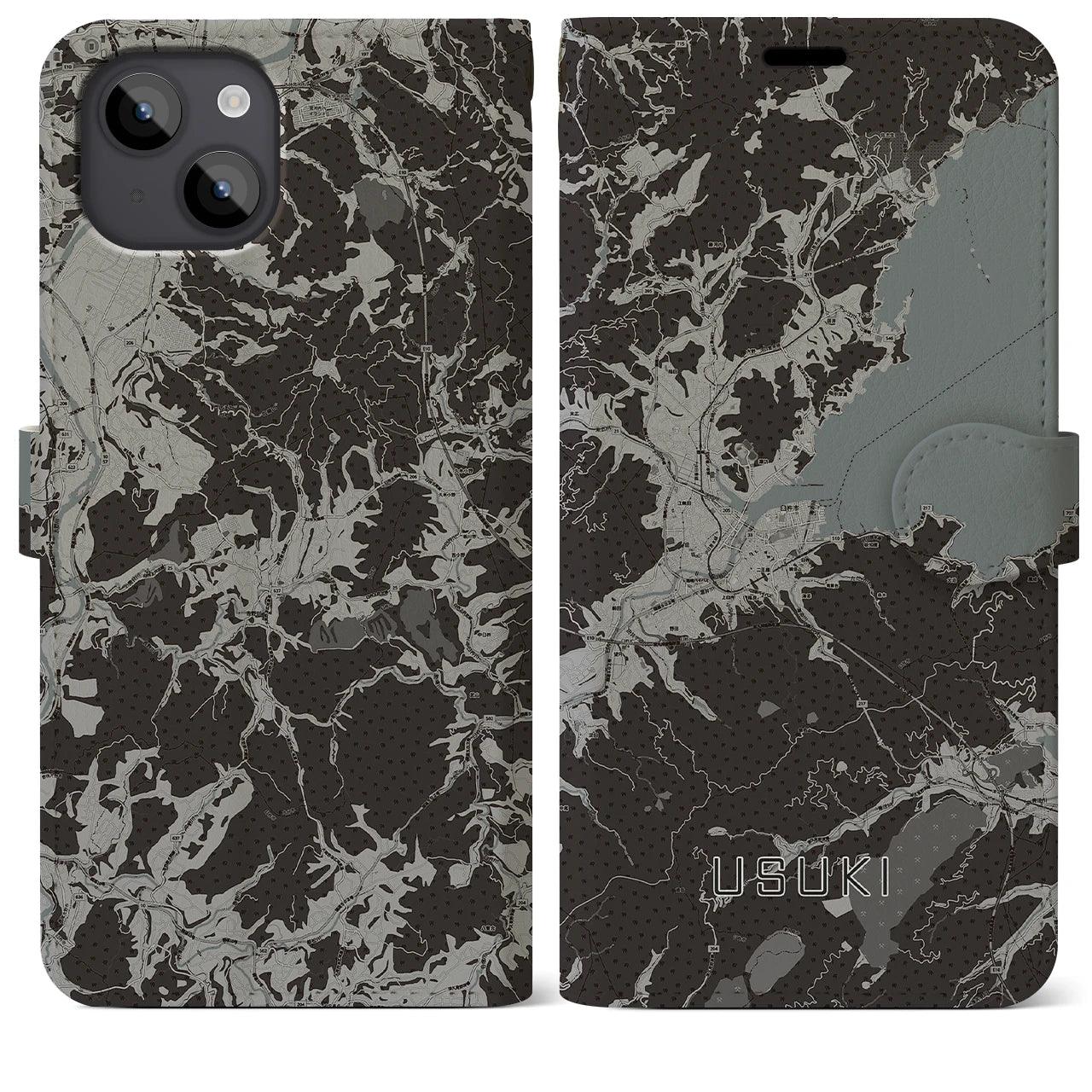 【臼杵(大分県)】地図柄iPhoneケース(手帳タイプ)モノトーン・iPhone 14 Plus 用