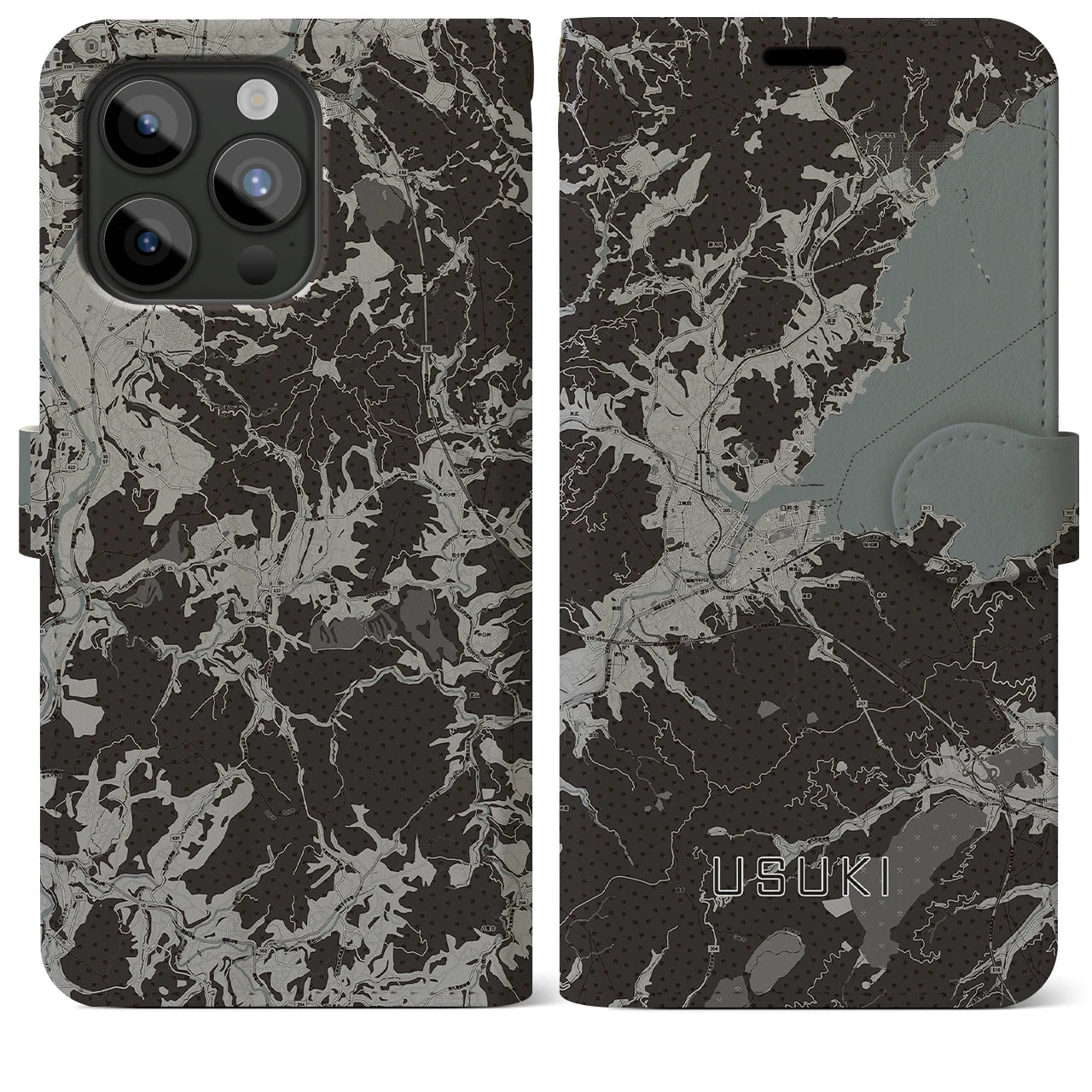【臼杵(大分県)】地図柄iPhoneケース(手帳タイプ)モノトーン・iPhone 15 Pro Max 用
