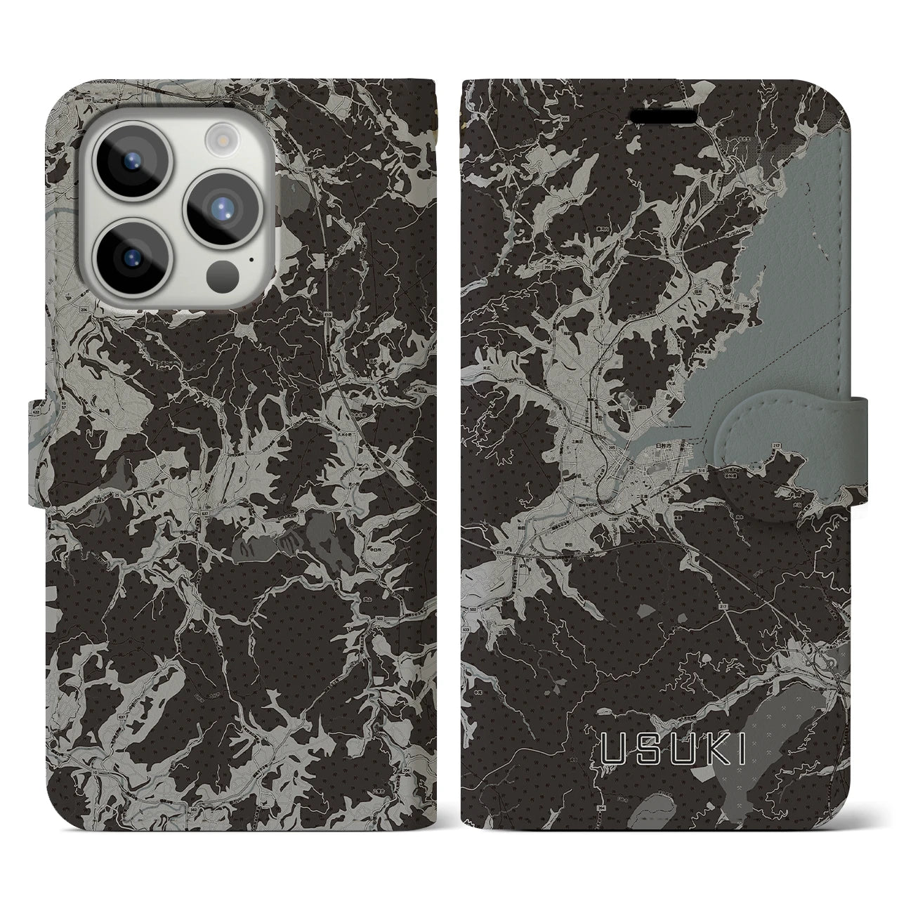 【臼杵(大分県)】地図柄iPhoneケース(手帳タイプ)モノトーン・iPhone 15 Pro 用