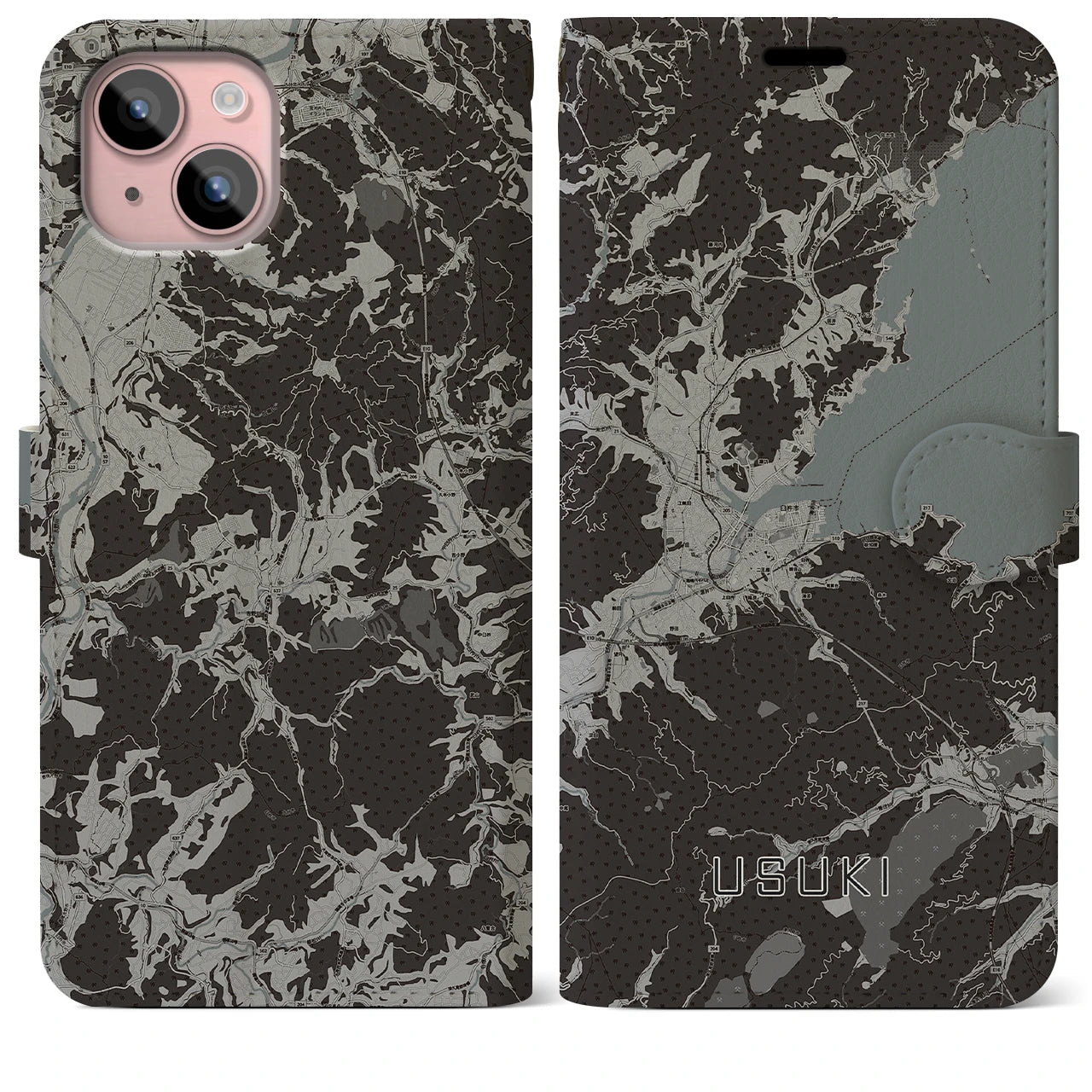 【臼杵(大分県)】地図柄iPhoneケース(手帳タイプ)モノトーン・iPhone 15 Plus 用