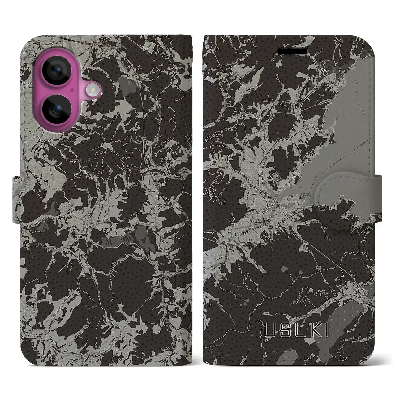 【臼杵(大分県)】地図柄iPhoneケース(手帳タイプ)モノトーン・iPhone 16 Pro 用