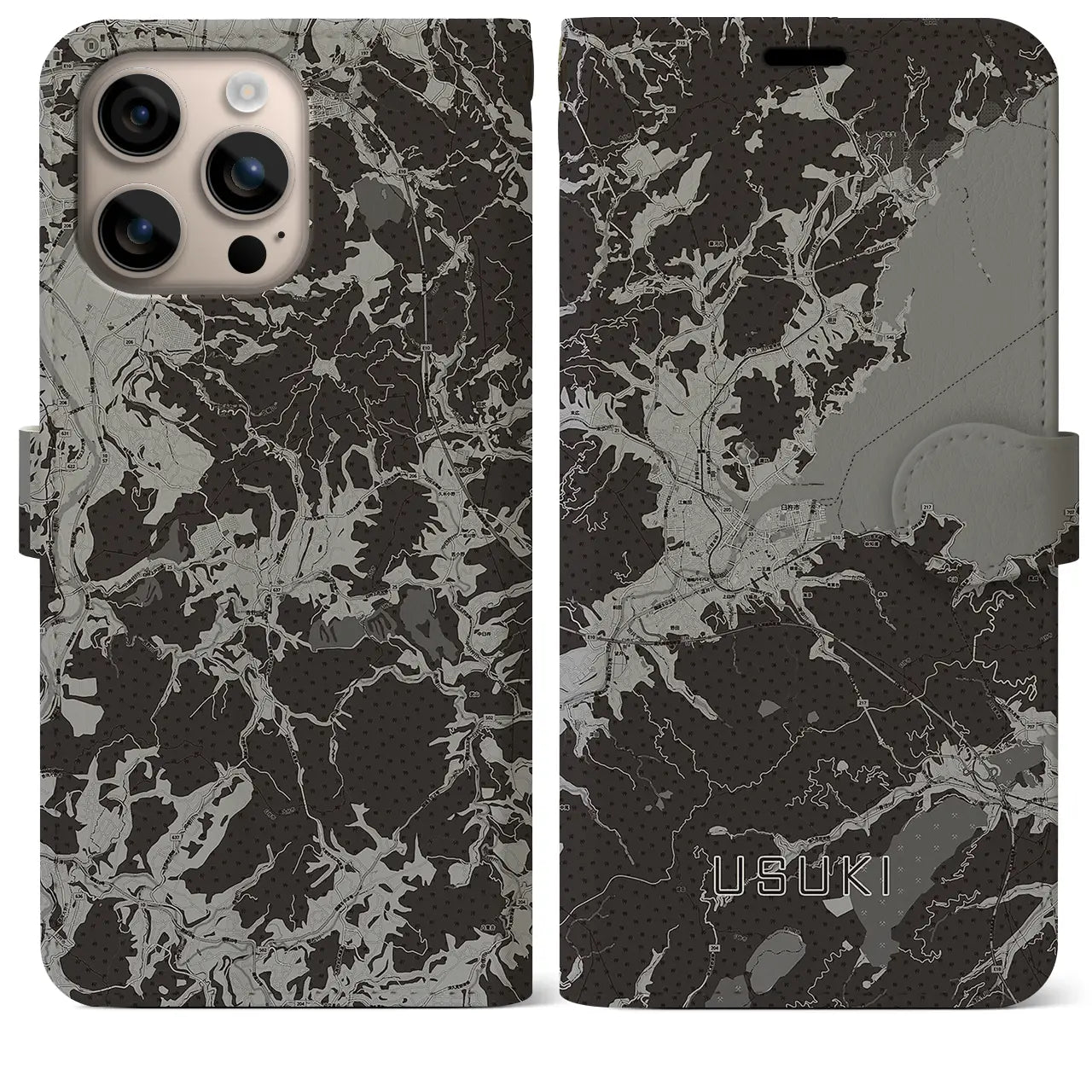 【臼杵(大分県)】地図柄iPhoneケース(手帳タイプ)モノトーン・iPhone 16 Plus 用