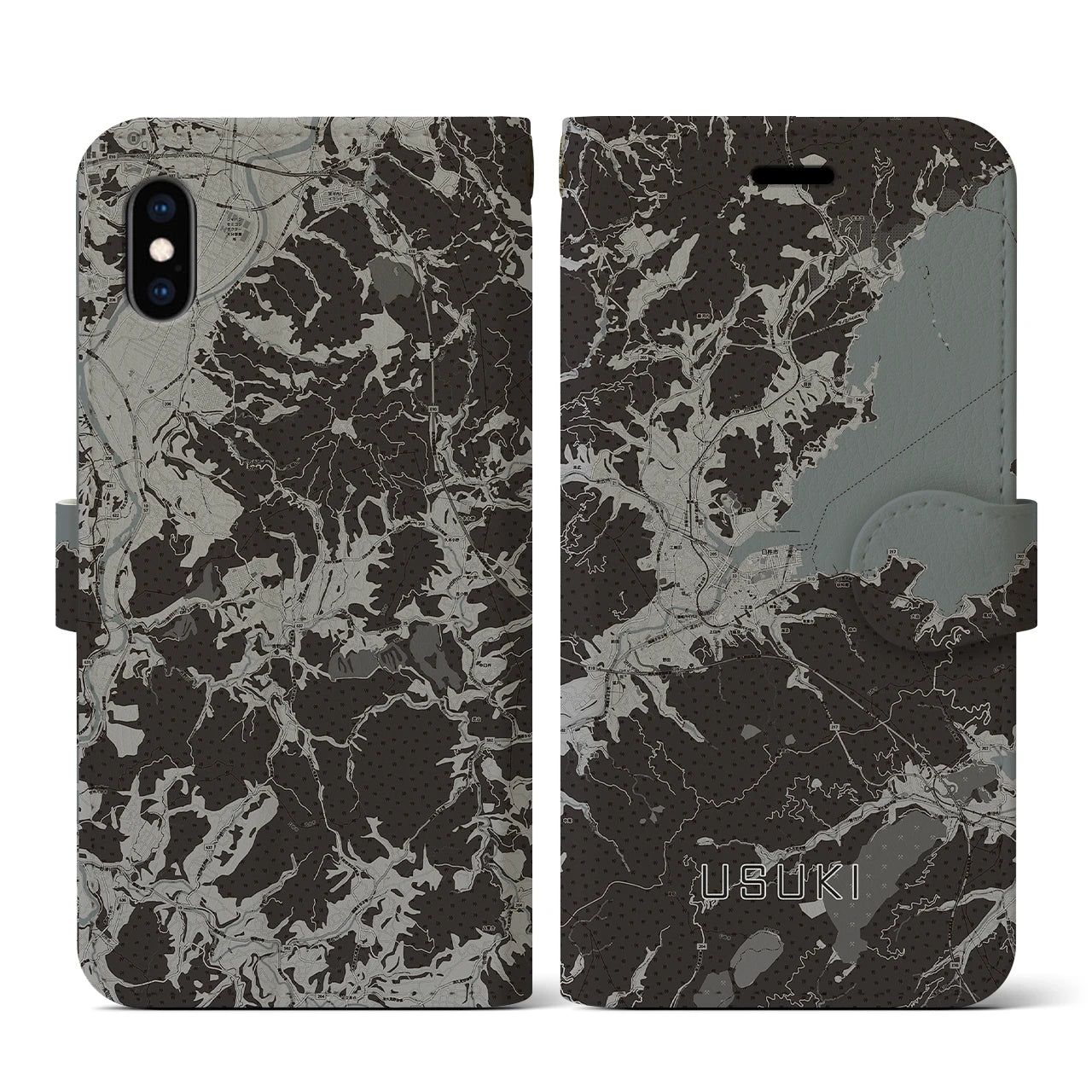 【臼杵(大分県)】地図柄iPhoneケース(手帳タイプ)モノトーン・iPhone XS / X 用