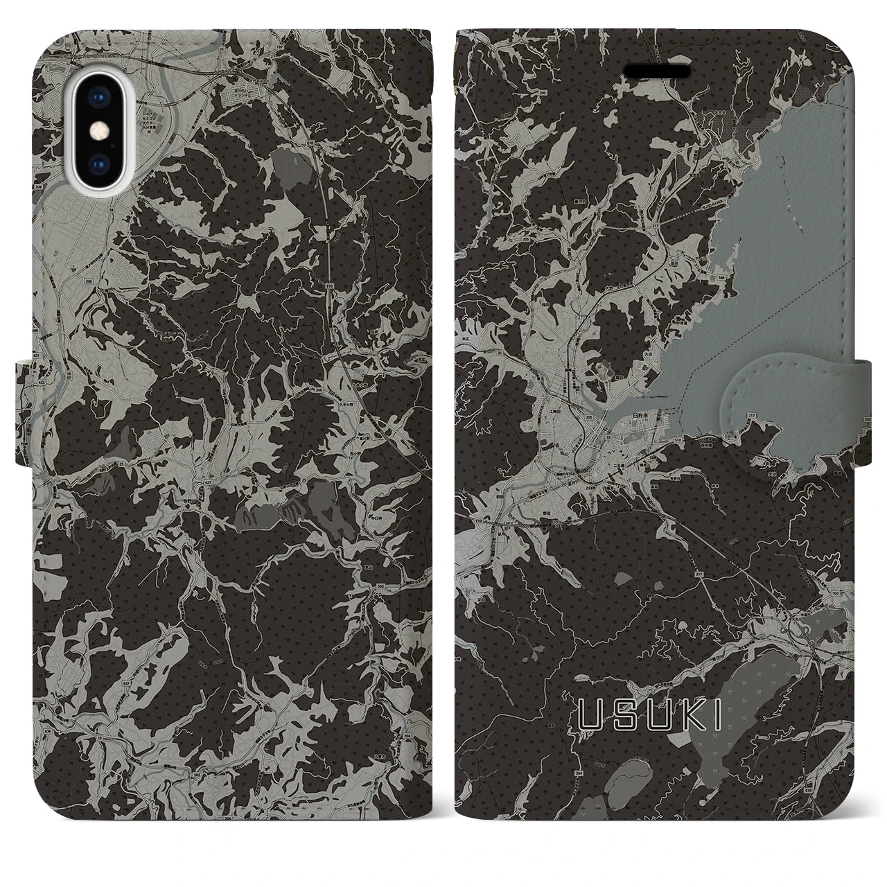 【臼杵(大分県)】地図柄iPhoneケース(手帳タイプ)モノトーン・iPhone XS Max 用