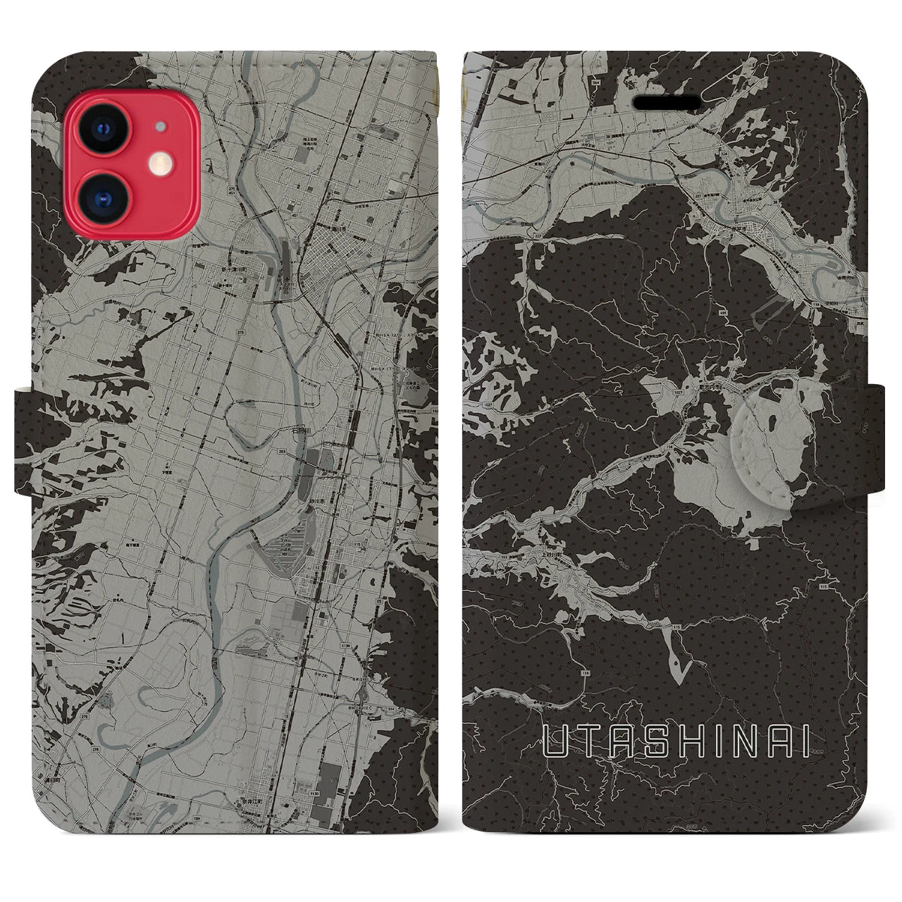 【歌志内(北海道)】地図柄iPhoneケース(手帳タイプ)モノトーン・iPhone 11 用