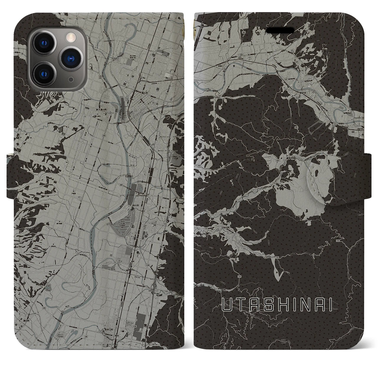 【歌志内(北海道)】地図柄iPhoneケース(手帳タイプ)モノトーン・iPhone 11 Pro Max 用