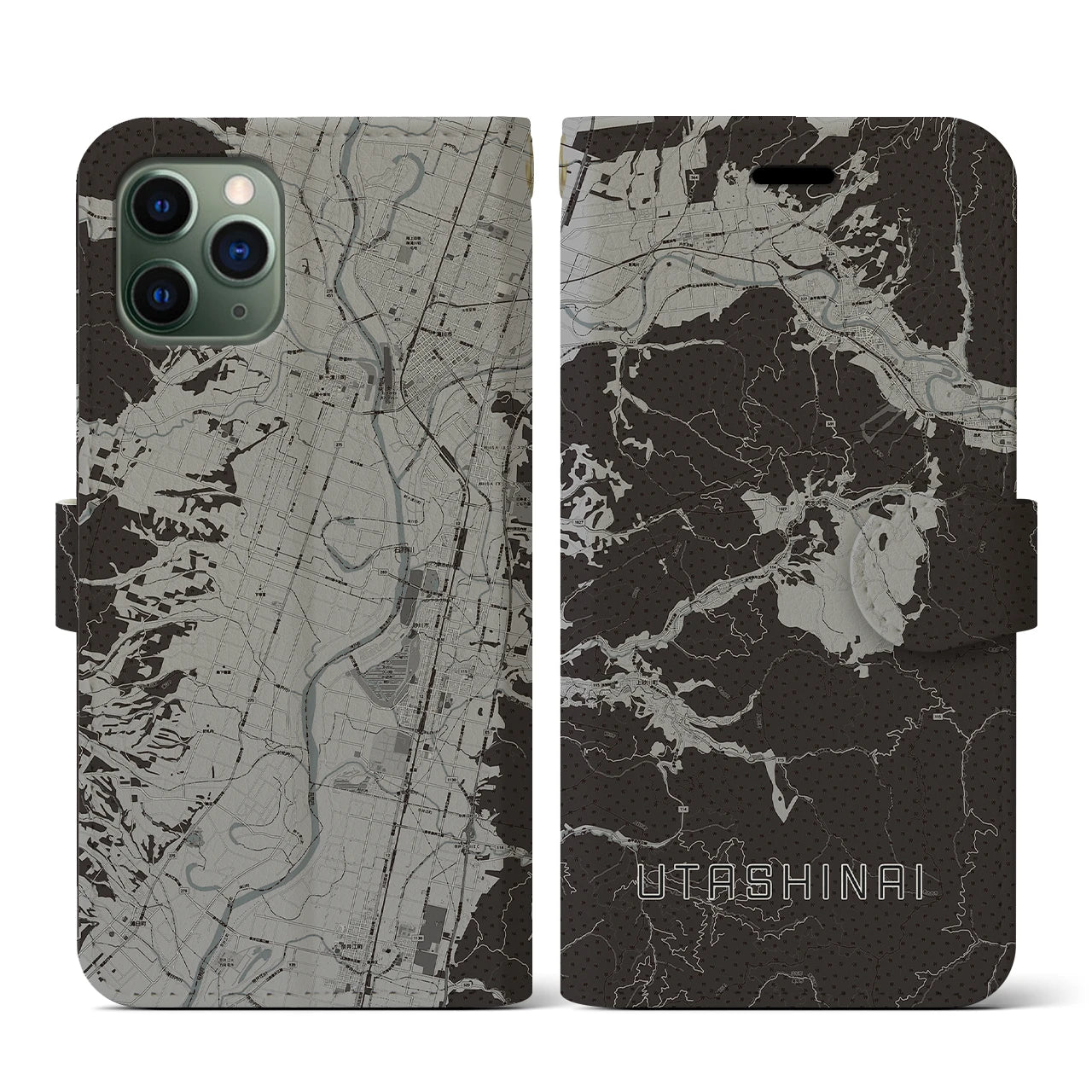 【歌志内(北海道)】地図柄iPhoneケース(手帳タイプ)モノトーン・iPhone 11 Pro 用