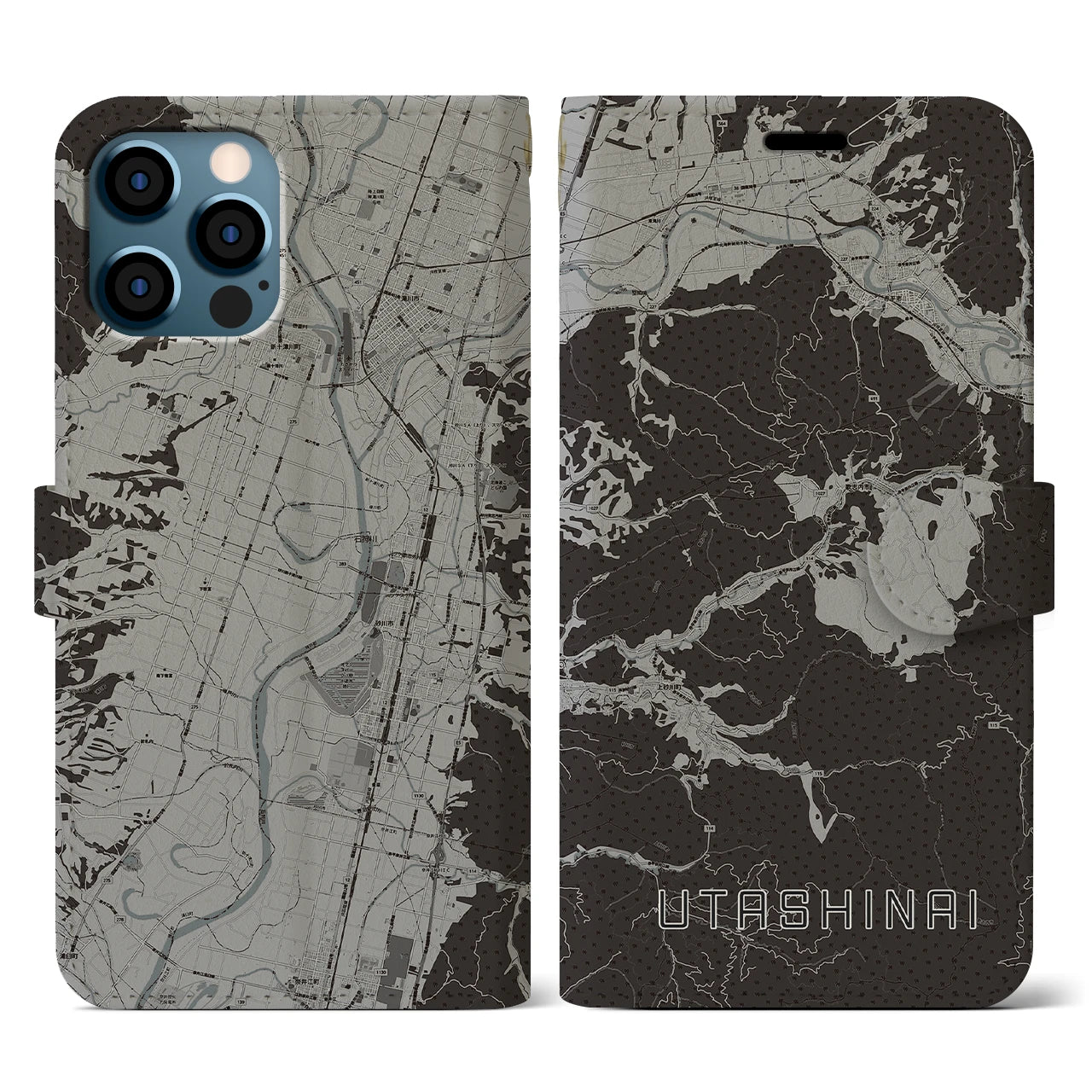 【歌志内(北海道)】地図柄iPhoneケース(手帳タイプ)モノトーン・iPhone 12 / 12 Pro 用