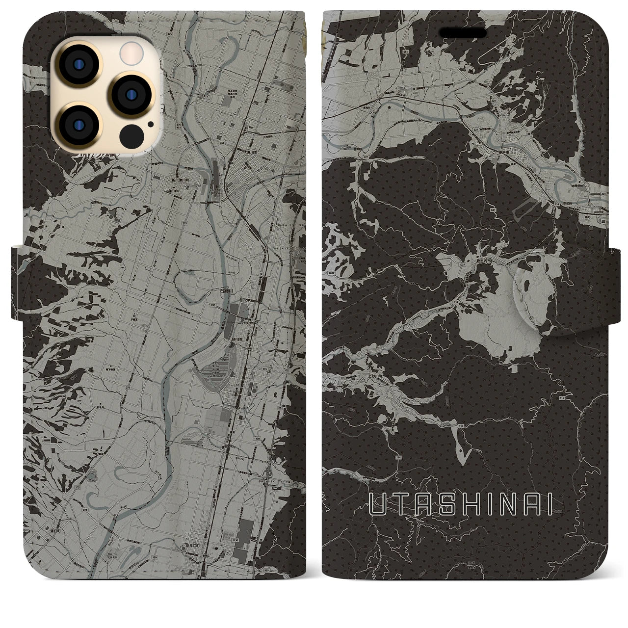 【歌志内(北海道)】地図柄iPhoneケース(手帳タイプ)モノトーン・iPhone 12 Pro Max 用