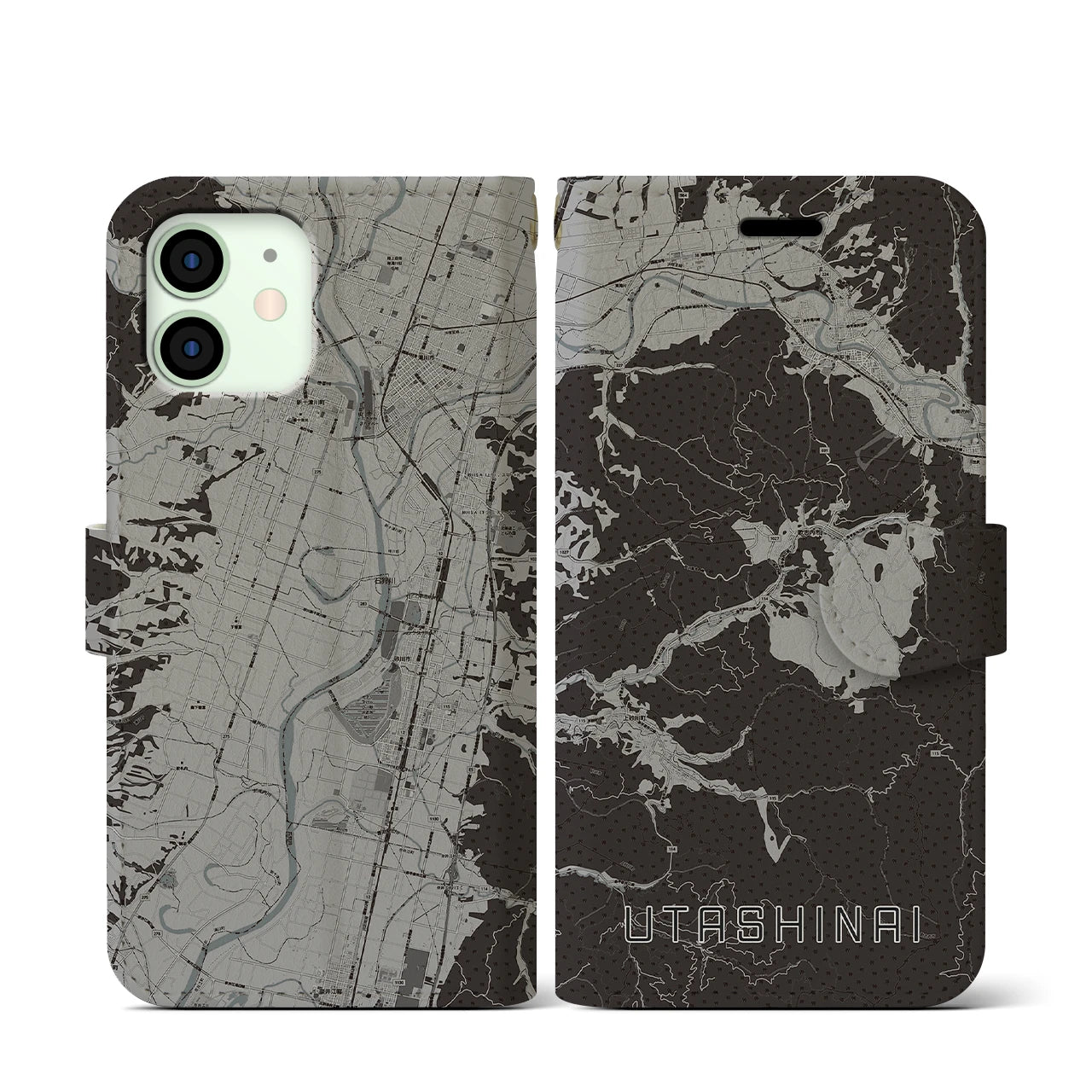 【歌志内(北海道)】地図柄iPhoneケース(手帳タイプ)モノトーン・iPhone 12 mini 用