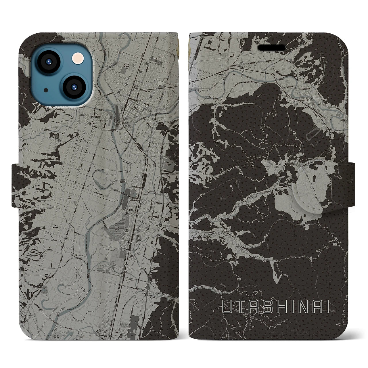 【歌志内(北海道)】地図柄iPhoneケース(手帳タイプ)モノトーン・iPhone 13 用