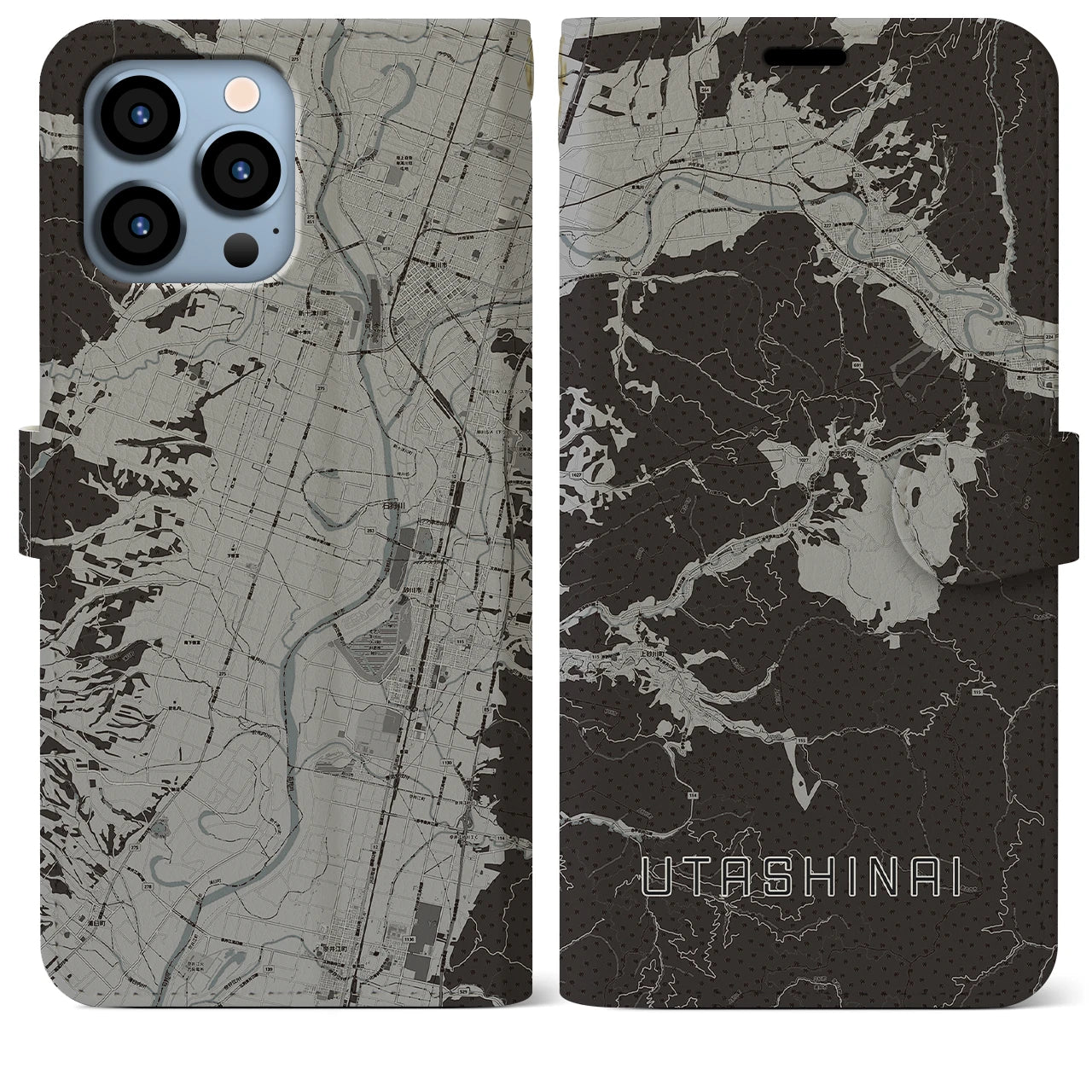 【歌志内(北海道)】地図柄iPhoneケース(手帳タイプ)モノトーン・iPhone 13 Pro Max 用