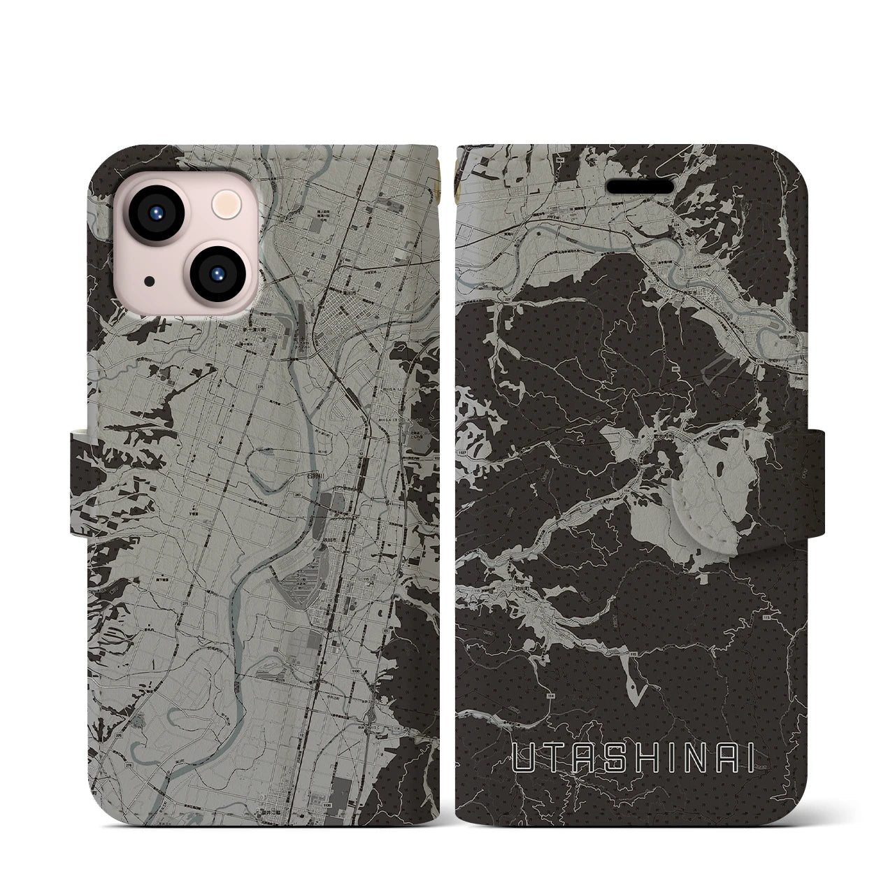 【歌志内(北海道)】地図柄iPhoneケース(手帳タイプ)モノトーン・iPhone 13 mini 用