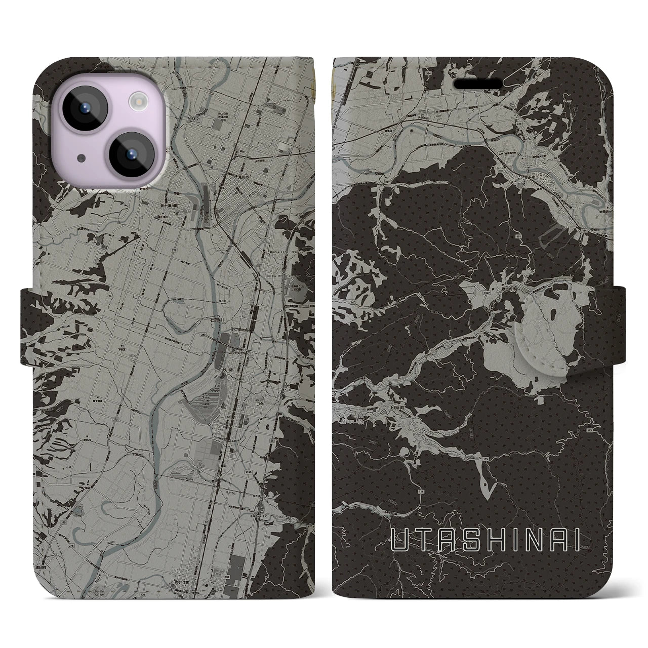 【歌志内(北海道)】地図柄iPhoneケース(手帳タイプ)モノトーン・iPhone 14 用