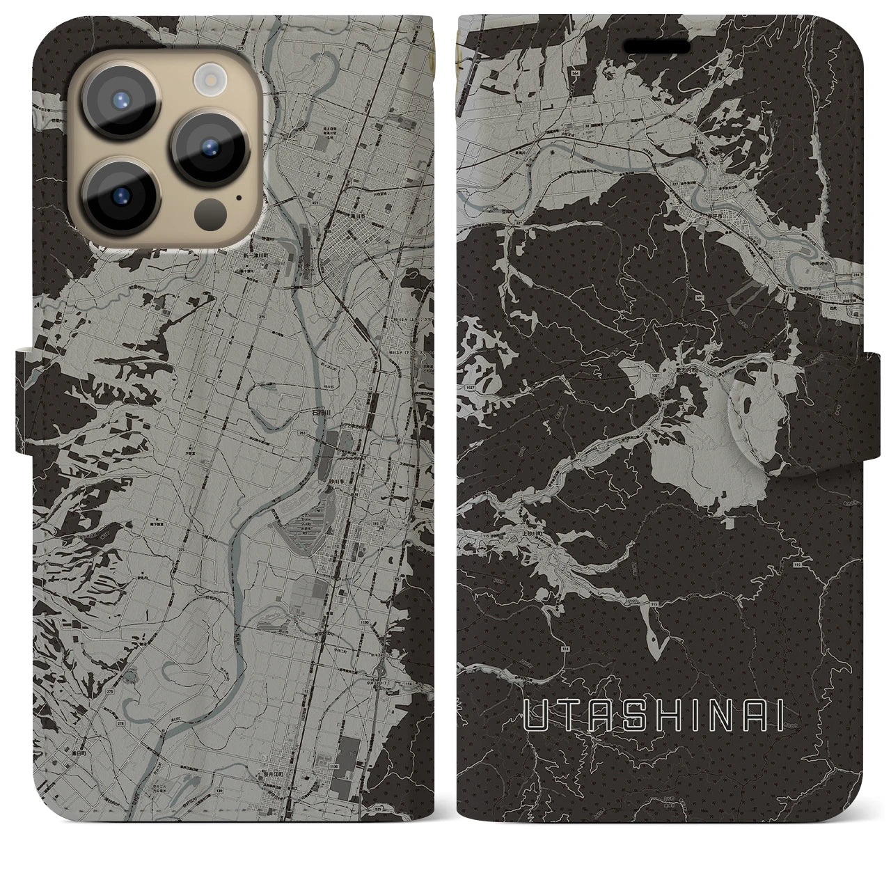 【歌志内(北海道)】地図柄iPhoneケース(手帳タイプ)モノトーン・iPhone 14 Pro Max 用